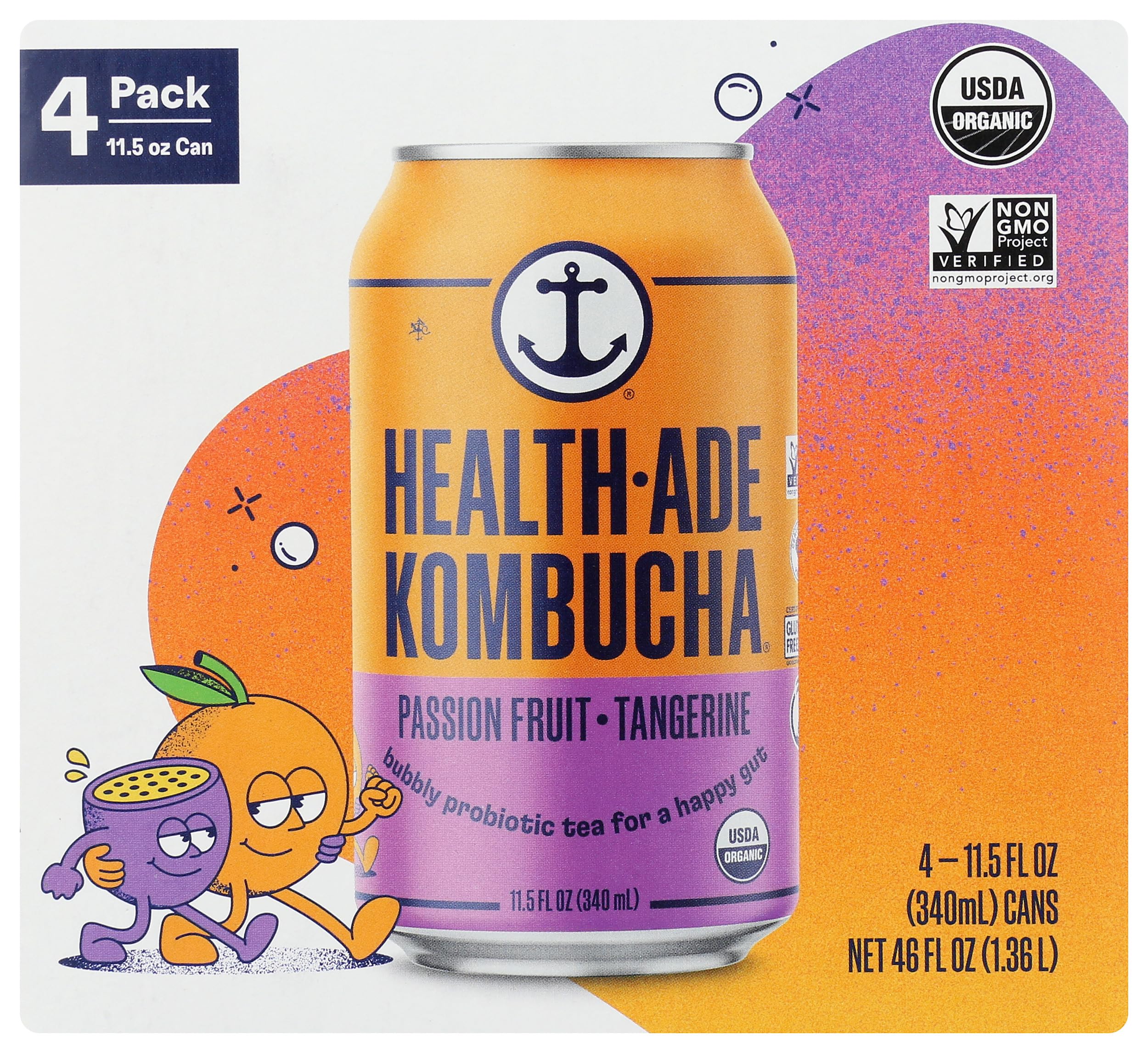 Health Ade, Kombucha Passion Tangerine Can 4Pk Organic, 46 Fl Oz