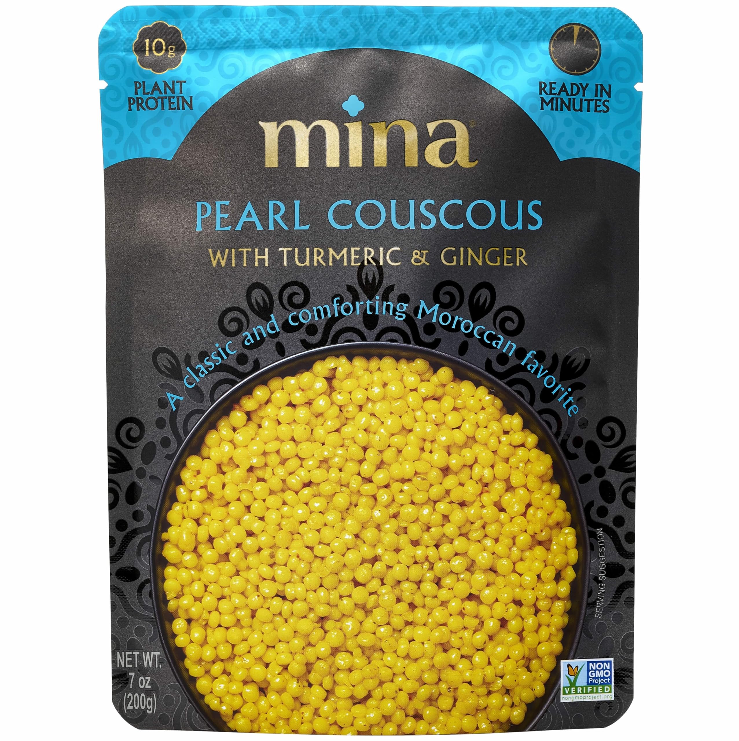 Mina Pearl Couscous, With Turmeric & Ginger, Ready to Eat, Couscous Pearls, Microwavable Meals & Side Dishes, Vegan Protein, Non-GMO, Kosher, 7 oz