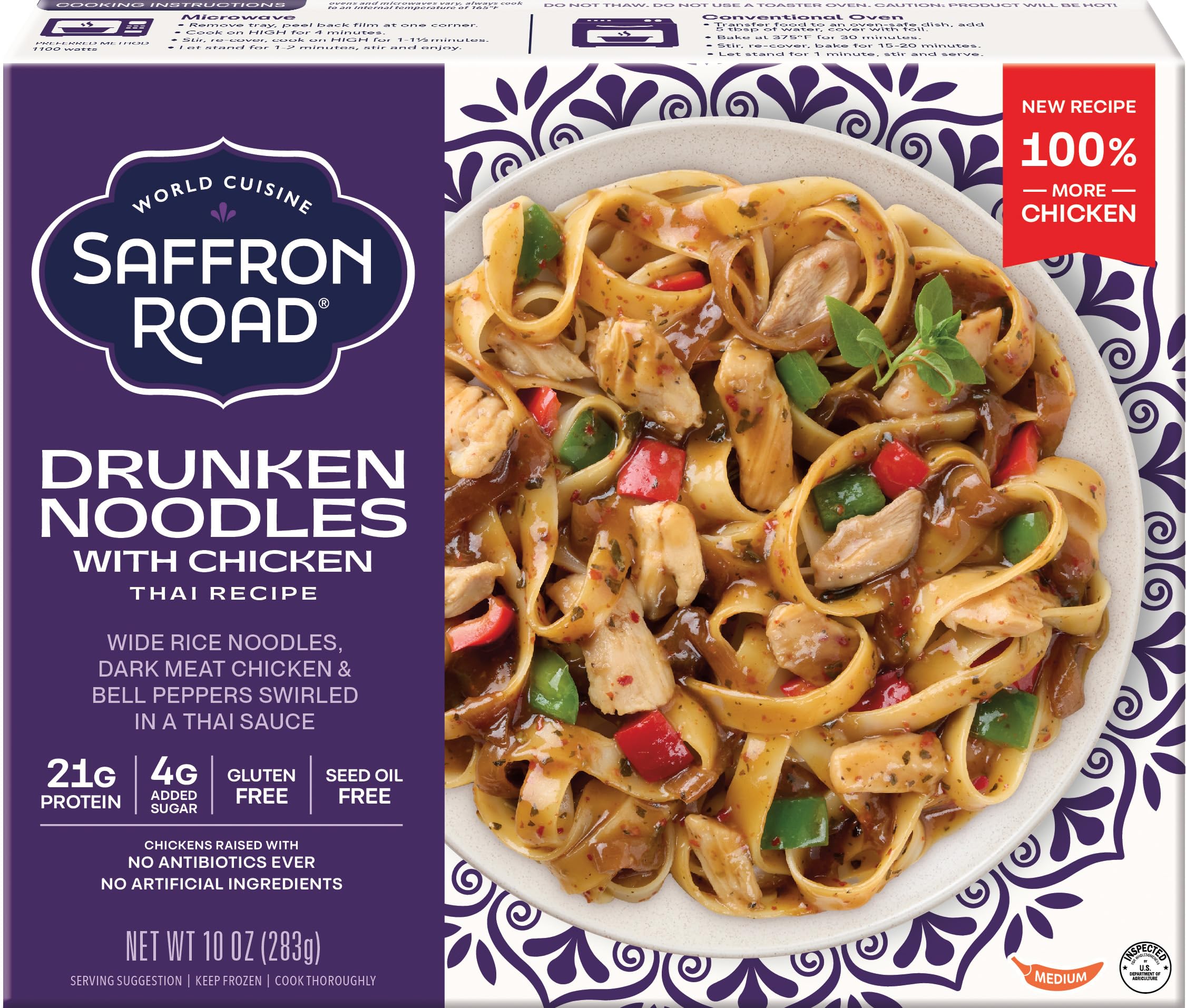 Saffron Road Frozen Drunken Noodles with Chicken – High Protein, Seed Oil Free, Chickens Raised with no Antibiotics, No Artificial Ingredients, Gluten Free - 10 Ounce