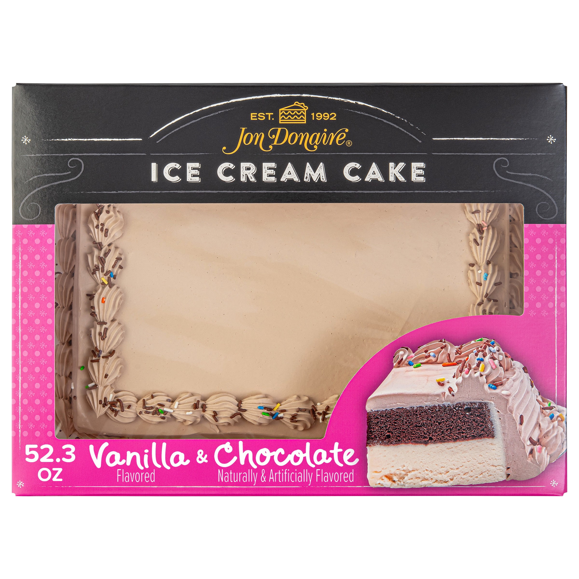 Jon Donaire 1/4 Sheet Ice Cream Cake, Vanilla Ice Cream & Chocolate Cake, Serves 18