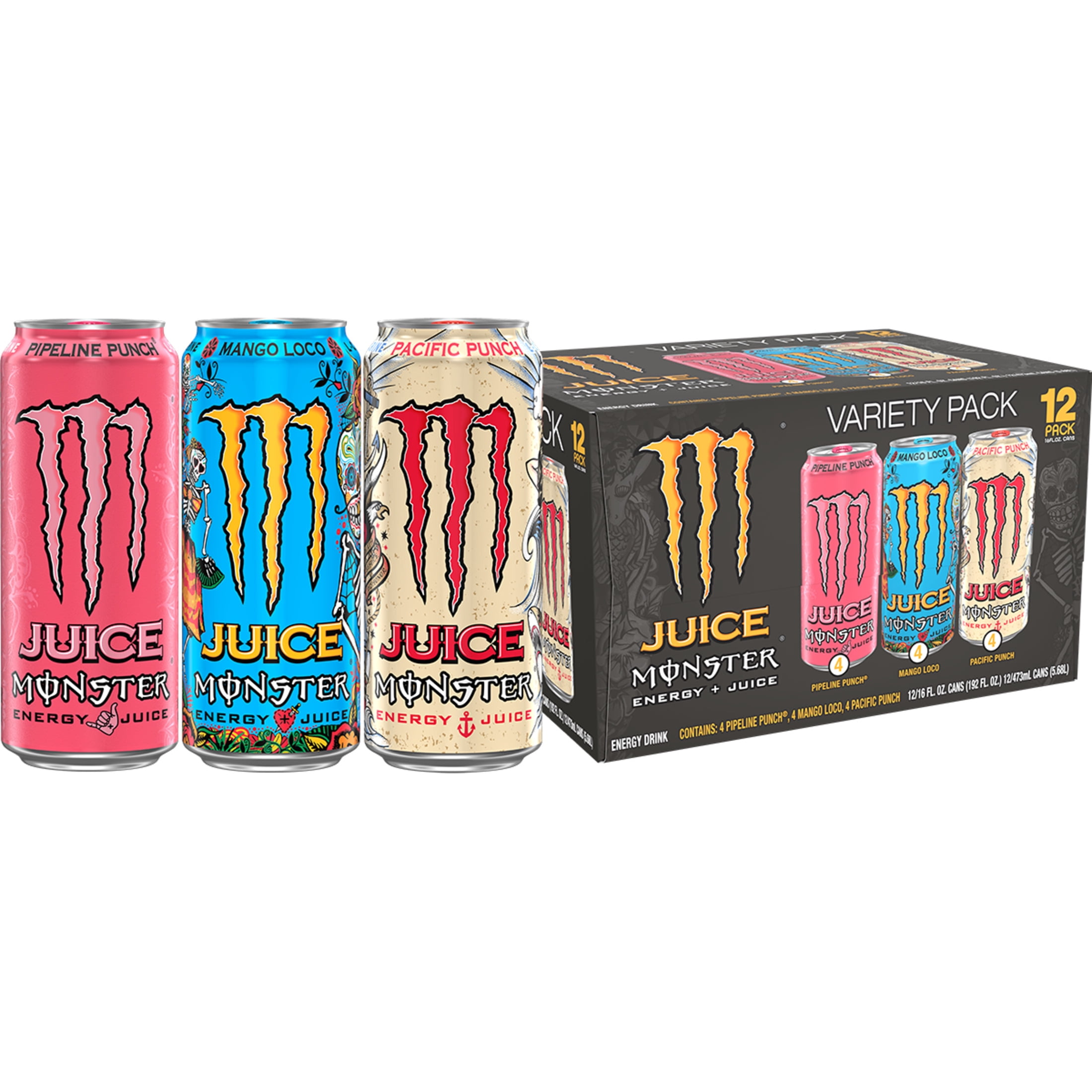 Juice Monster Variety Pack Pipeline Punch, Mango Loco, Pacific Punch Energy Drink 12 Pack 16 fl oz Can