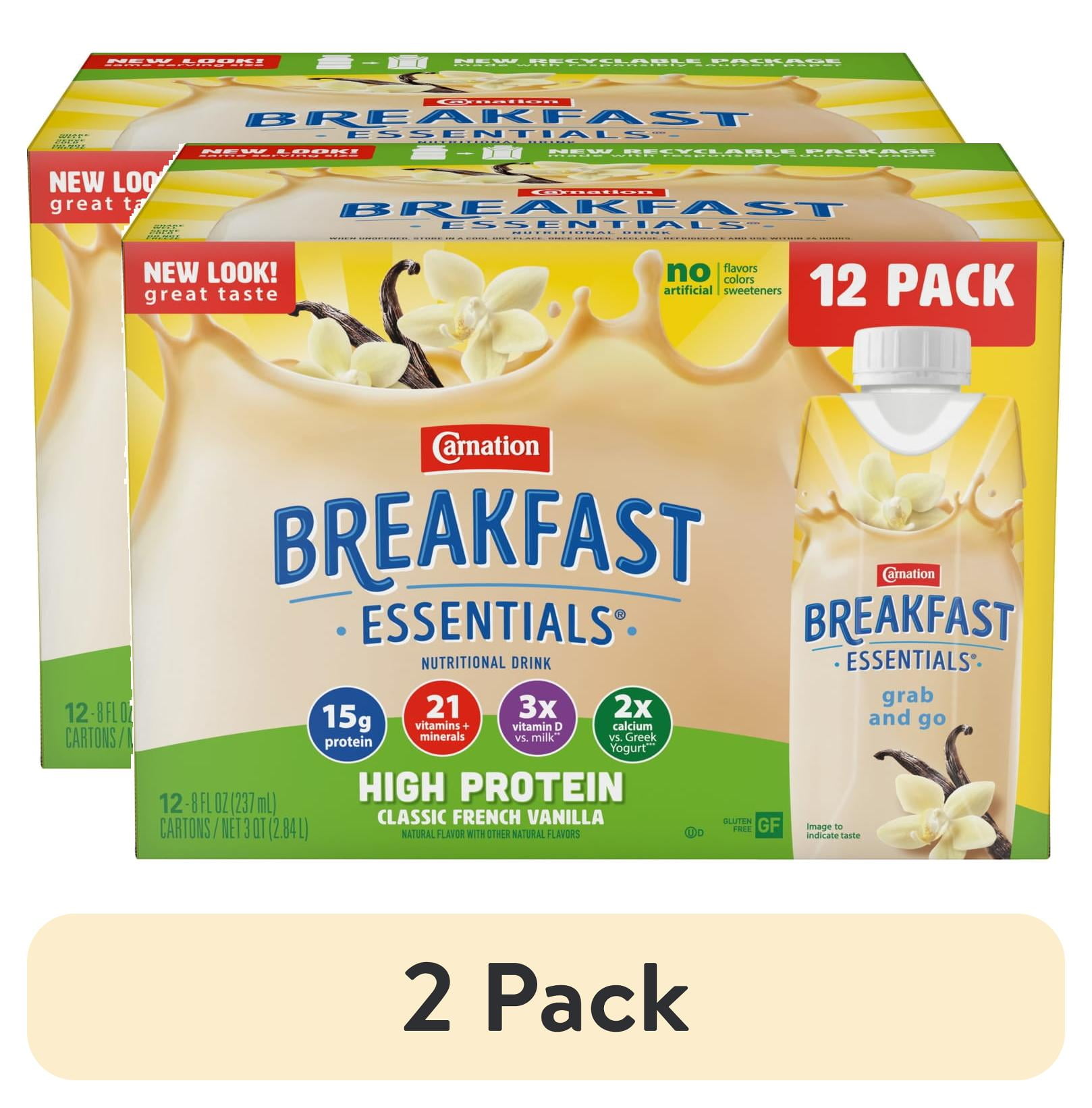 (2 pack) Carnation Breakfast Essentials High Protein Nutritional Drink Shakes, Classic French Vanilla Breakfast Shakes, 8 fl oz, 12 Pack