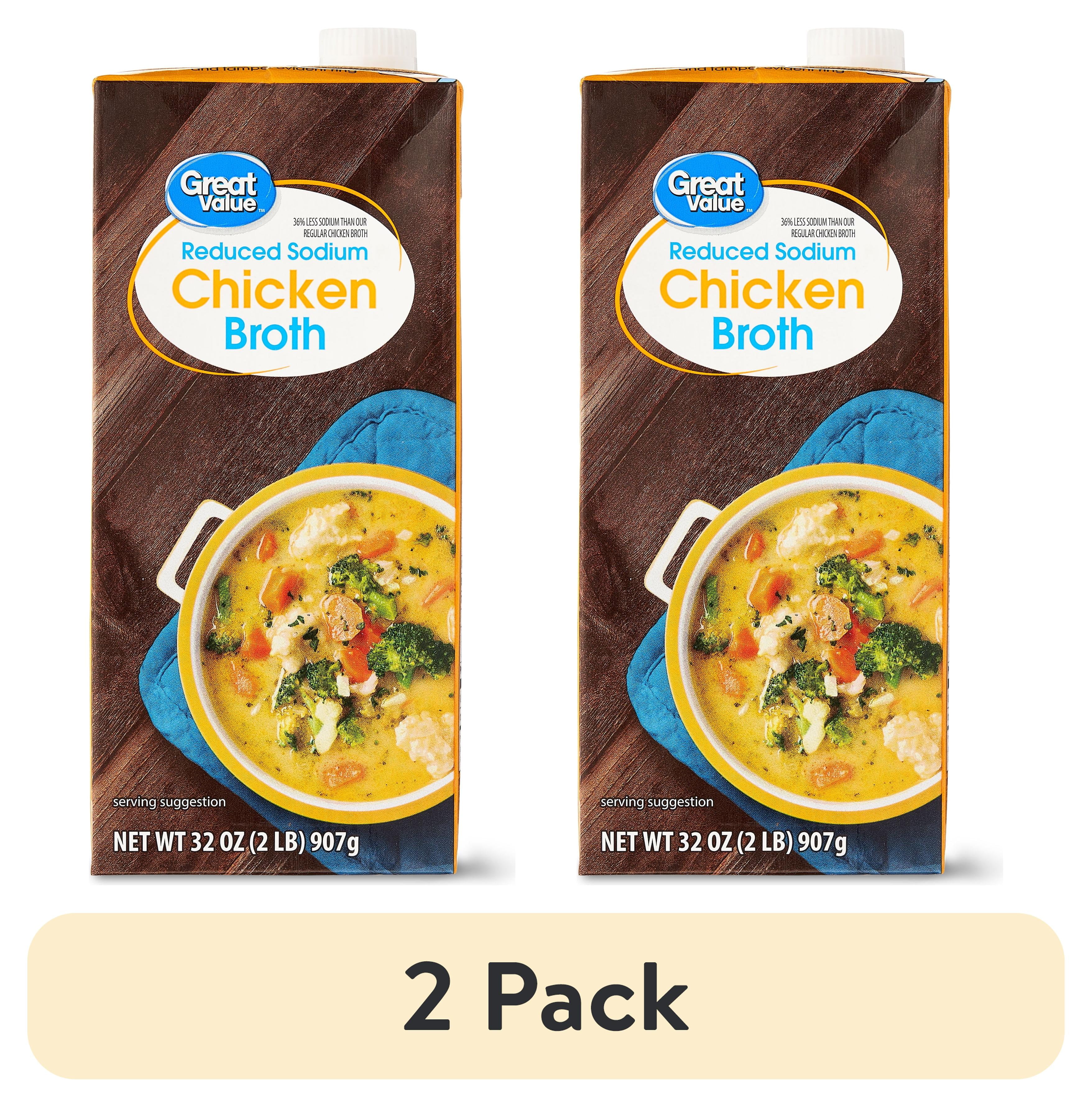 (2 pack) Great Value Reduced Sodium Gluten-Free Chicken Broth, 32 oz Carton (Shelf-Stable)
