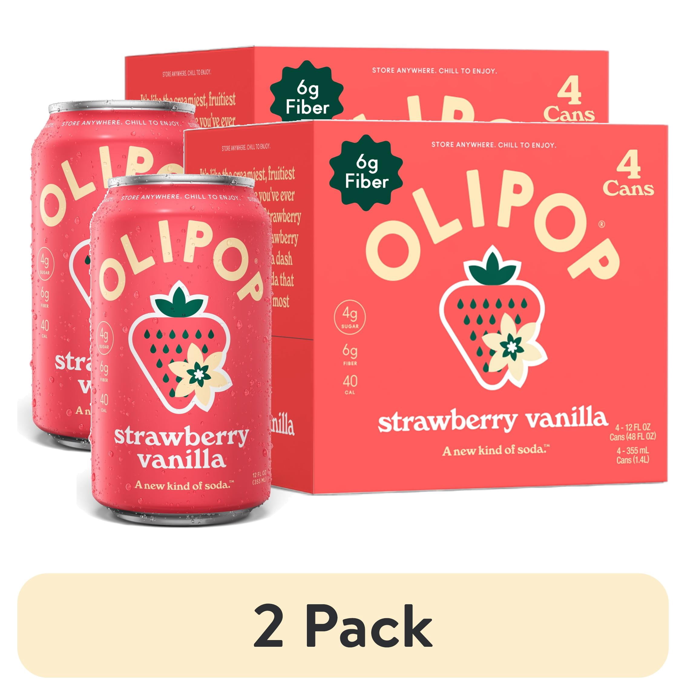 (2 pack) OLIPOP 6g Fiber Prebiotic Soda, Strawberry Vanilla, 12 fl oz, 4 Pack, Shelf Stable