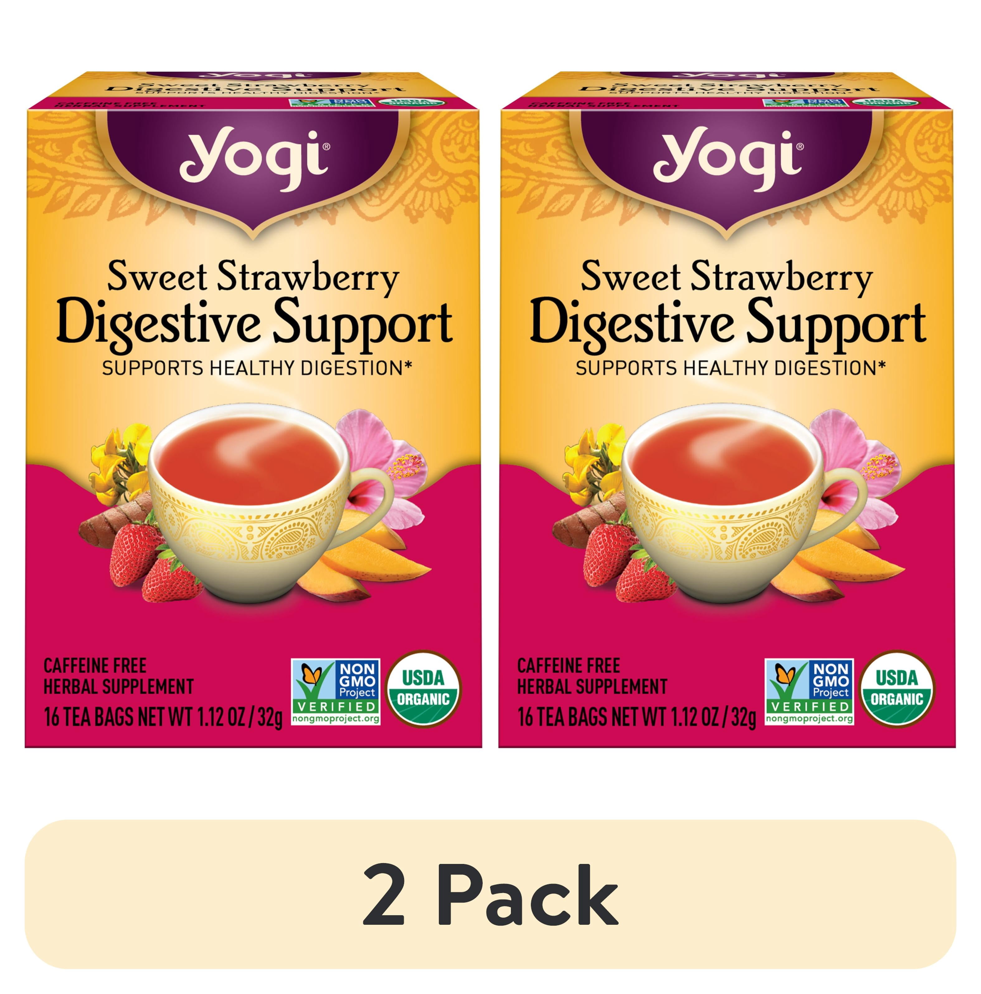 (2 pack) Yogi Sweet Strawberry Digestive Support, Organic Herbal Wellness Tea Bags, 16 Count