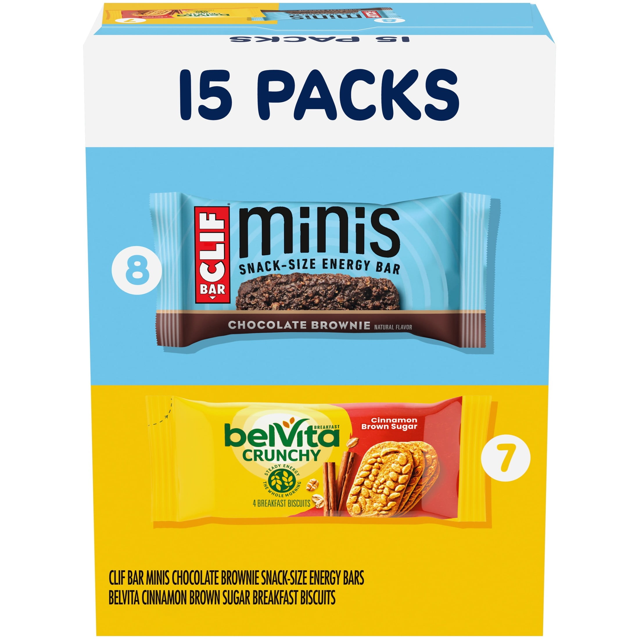 CLIF BAR Minis Energy Bars & belVita Crunchy Breakfast Biscuits, Snack Variety Pack, 15 Snack Packs