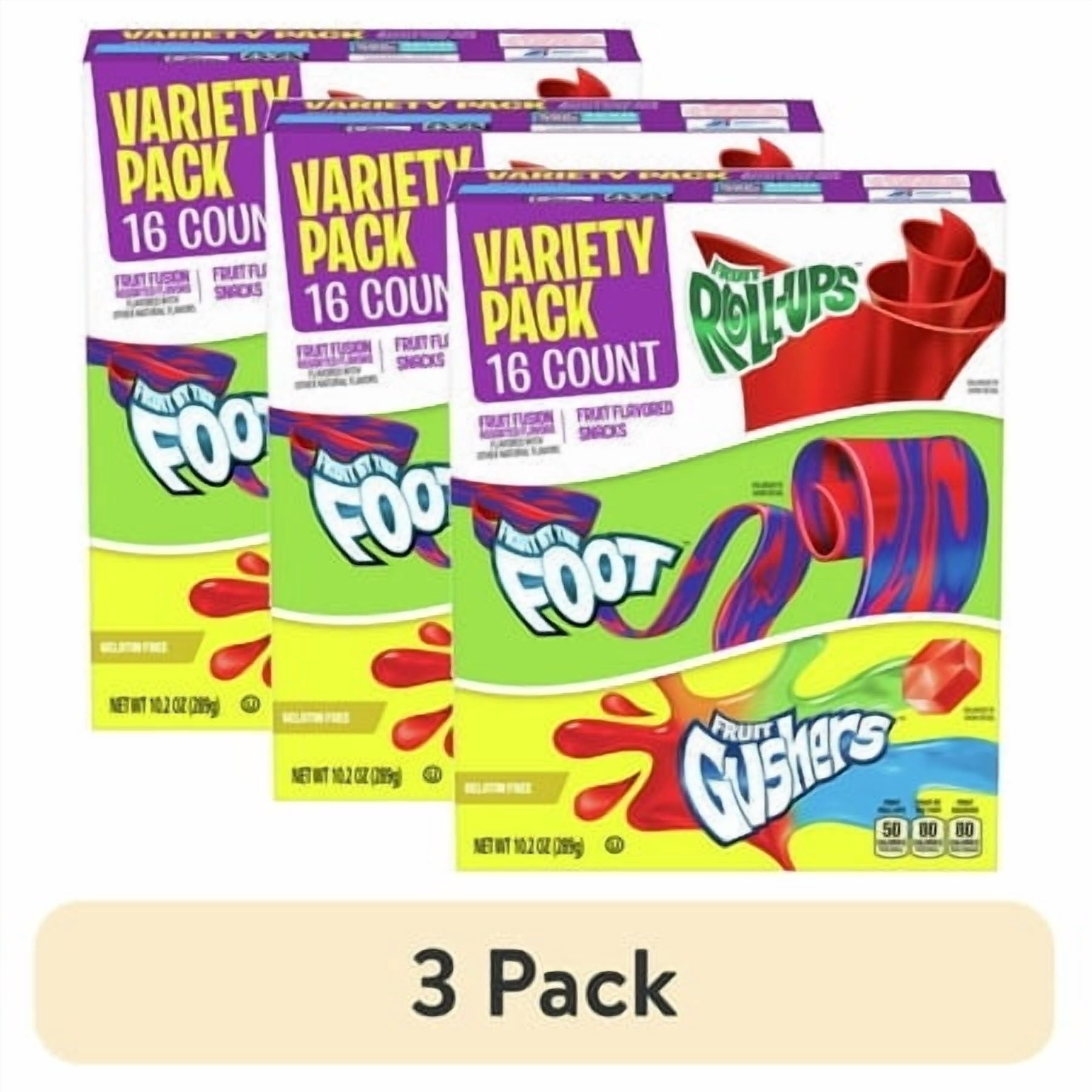 (3 pack) Fruit Roll-Ups, Fruit by the Foot, Gushers Gluten Free Fruit Flavored Snacks (16 Pouches)