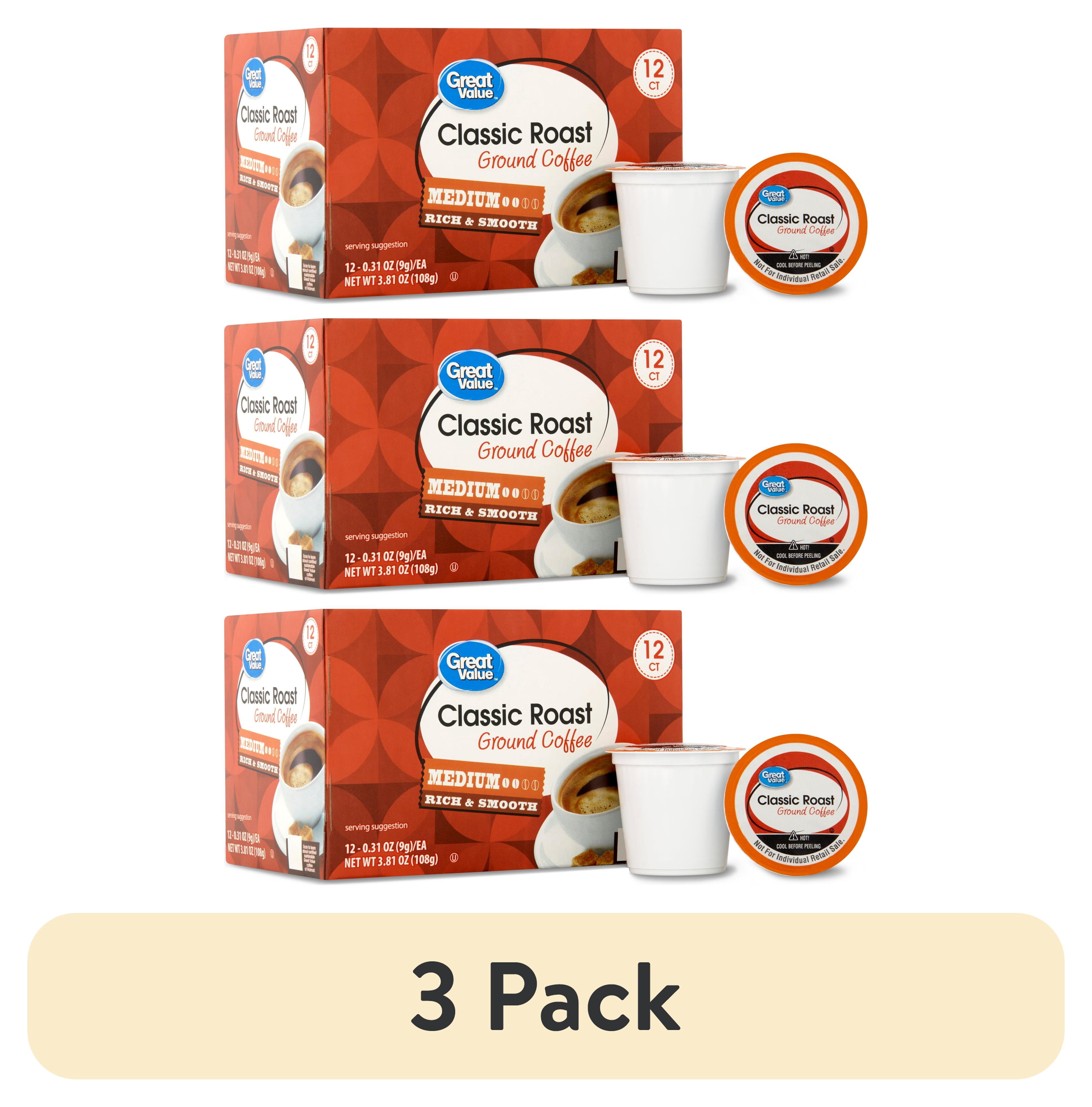 (3 pack) Great Value Classic Roast Ground Coffee Pods, 12 Count