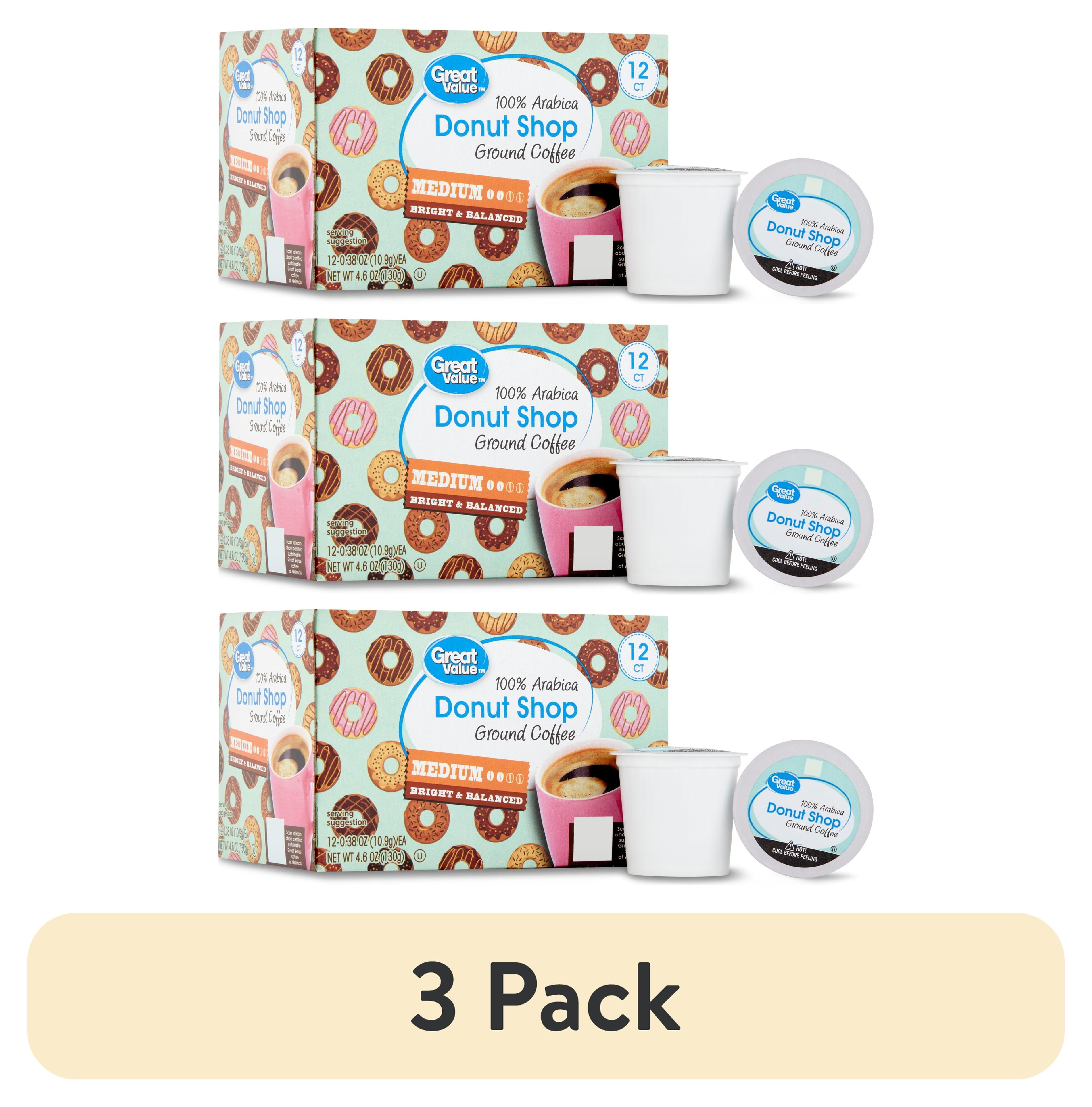 (3 pack) Great Value Donut Shop 100% Arabica Medium Roast Ground Coffee Pods, 12 Count