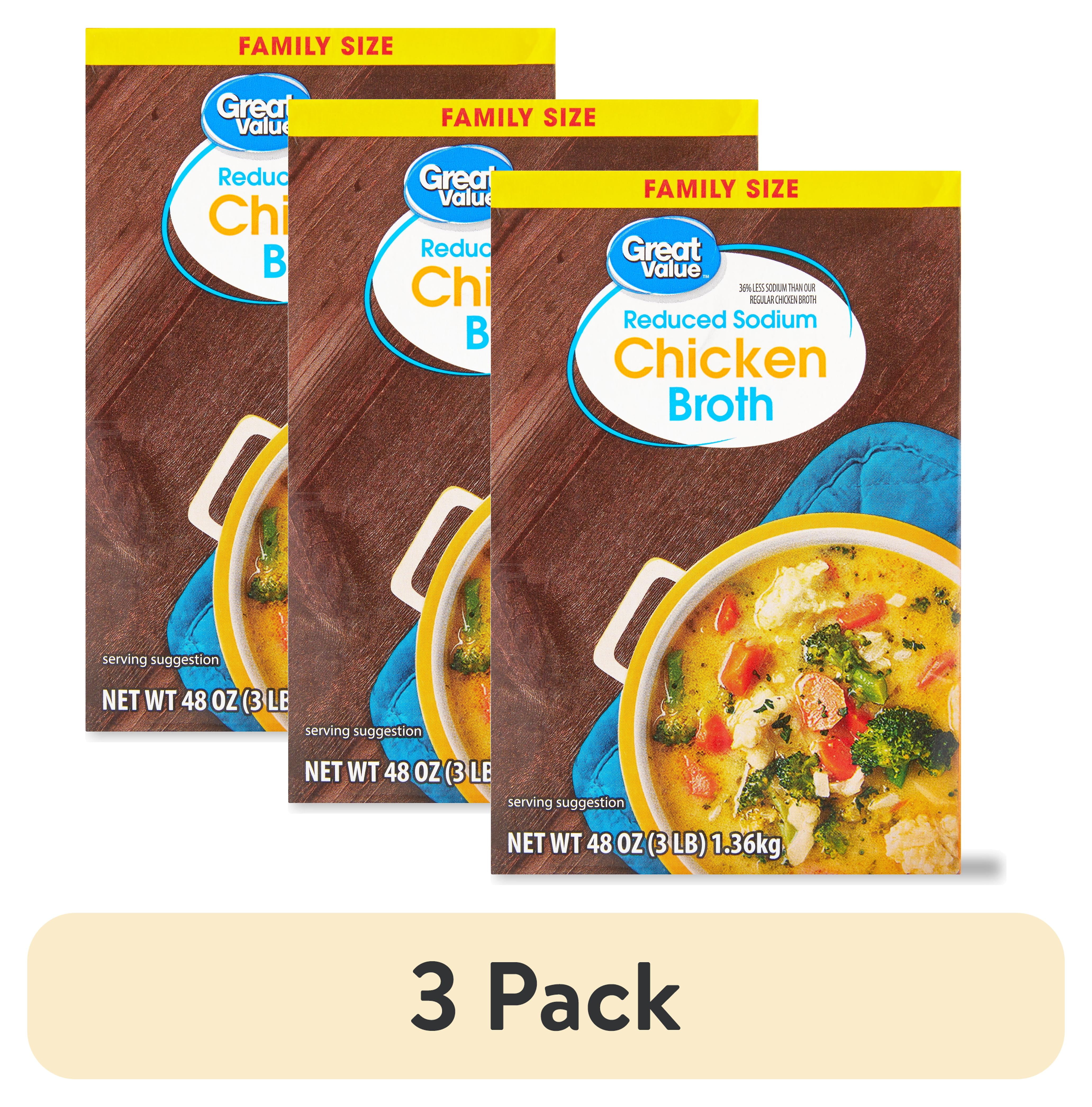 (3 pack) Great Value Family Size Reduced Sodium Gluten-Free Chicken Broth, 48 oz Carton, Shelf-Stable