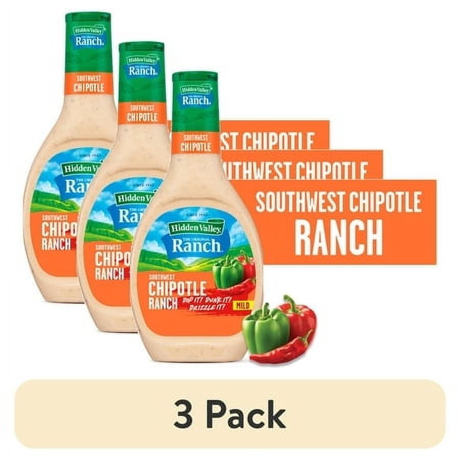 (3 pack) Hidden Valley Southwest Chipotle Ranch Salad Dressing & Condiment, 16 fl oz Squeeze Bottle