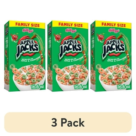 (3 pack) Kellogg's Apple Jacks Original Breakfast Cereal, 15g Whole Grains, Family Size, 16.6 oz