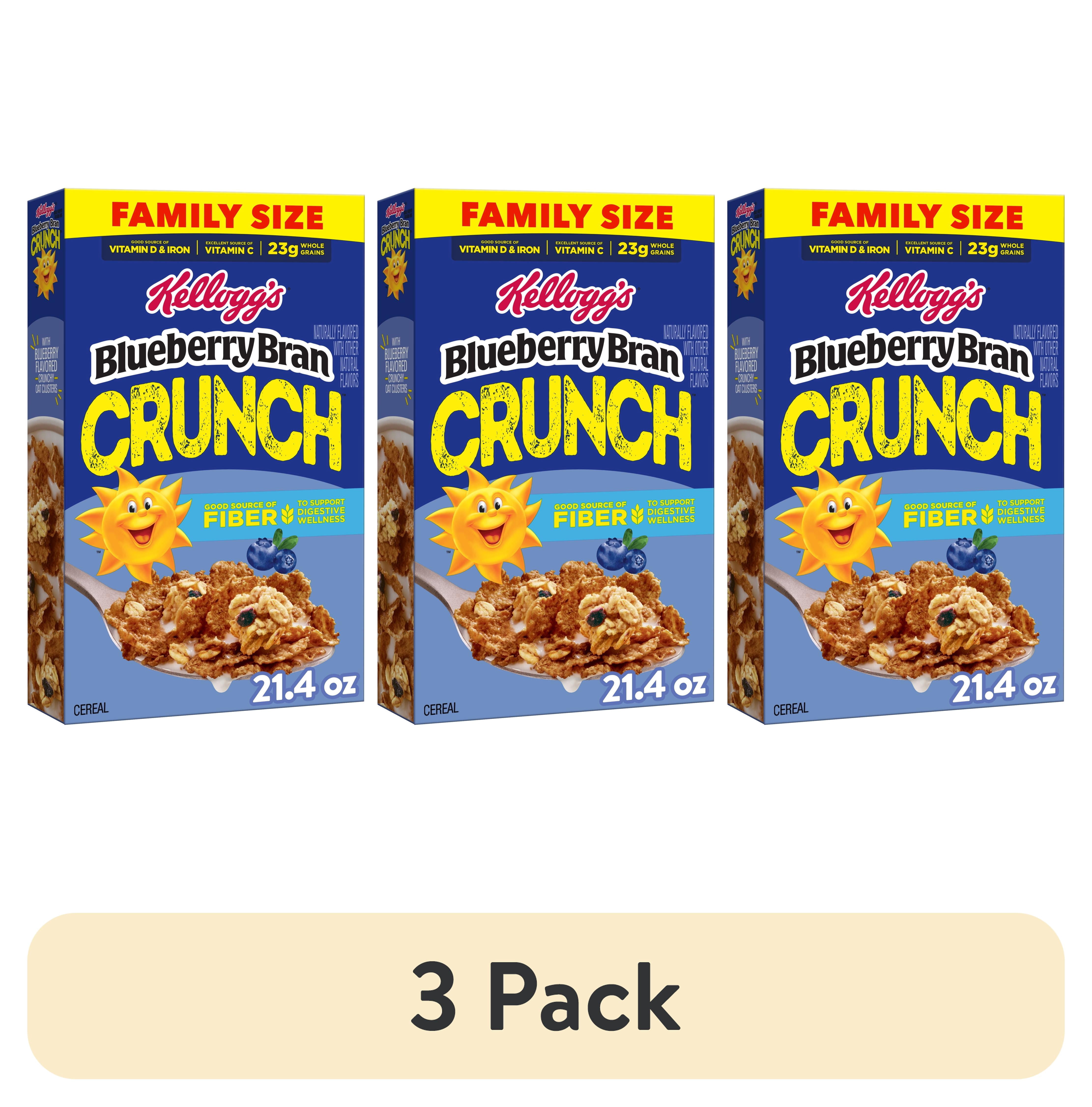 (3 pack) Kellogg's Blueberry Bran Crunch Crunch Original Breakfast Cereal, Good Source of Fiber, Family Size, 21.4 oz