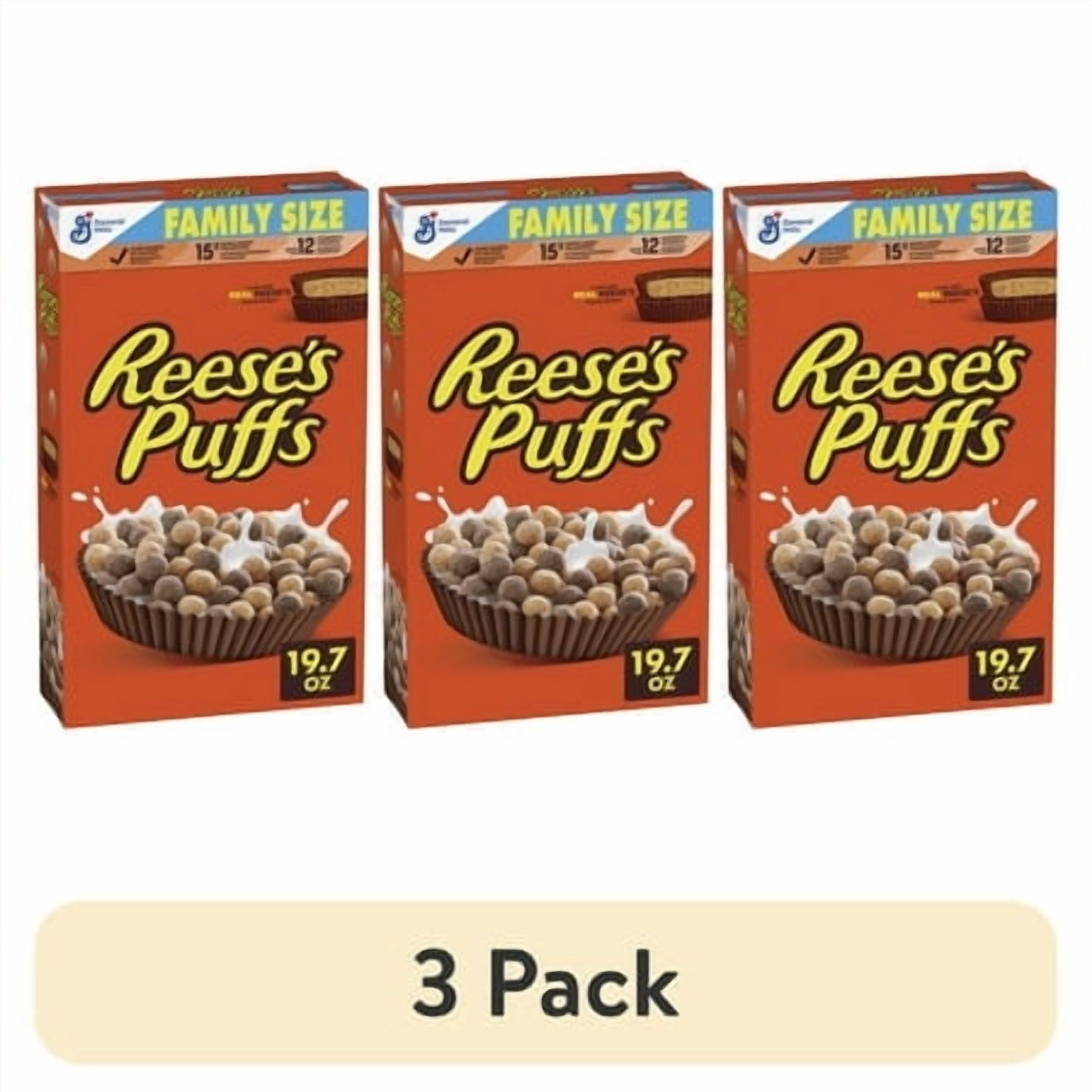 (3 pack) REESE'S PUFFS Breakfast Cereal, Chocolatey Peanut Butter Cereal, Family Size, 19.7 oz