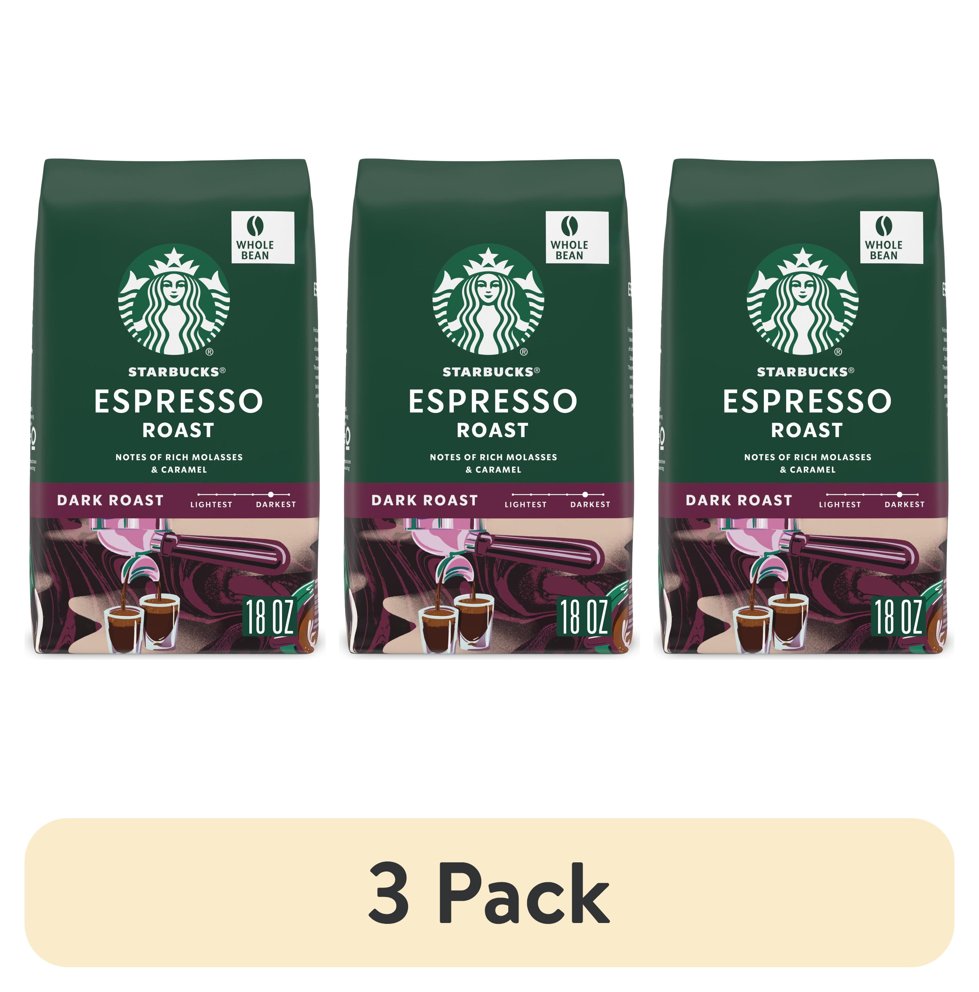(3 pack) Starbucks Espresso Roast Whole Bean Coffee, Dark Roast Hot or Iced Coffee, 18 oz Bag