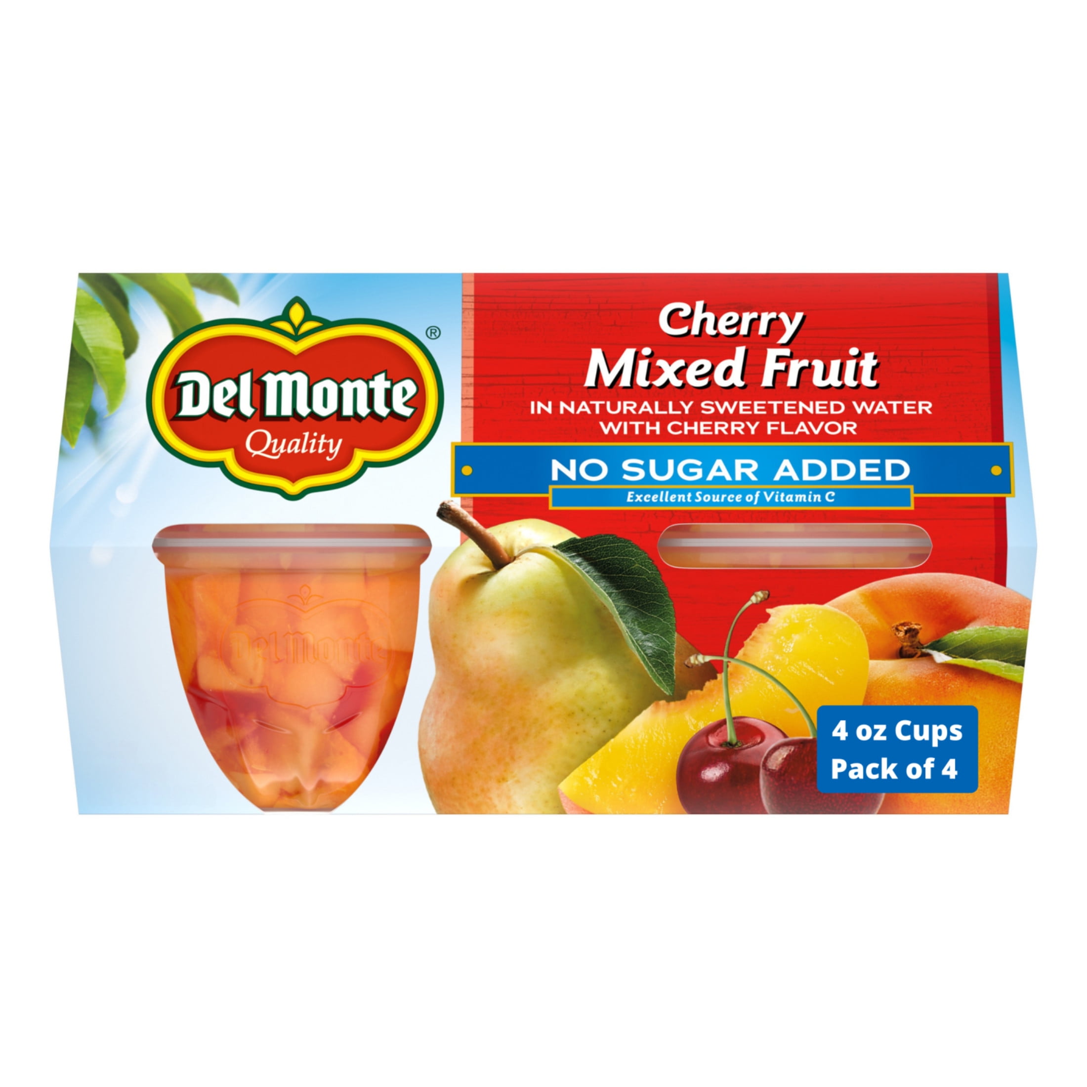 Del Monte Cherry Mixed Fruit No Sugar Added Fruit Cup Snacks 4 oz Cup (Pack of 4)
