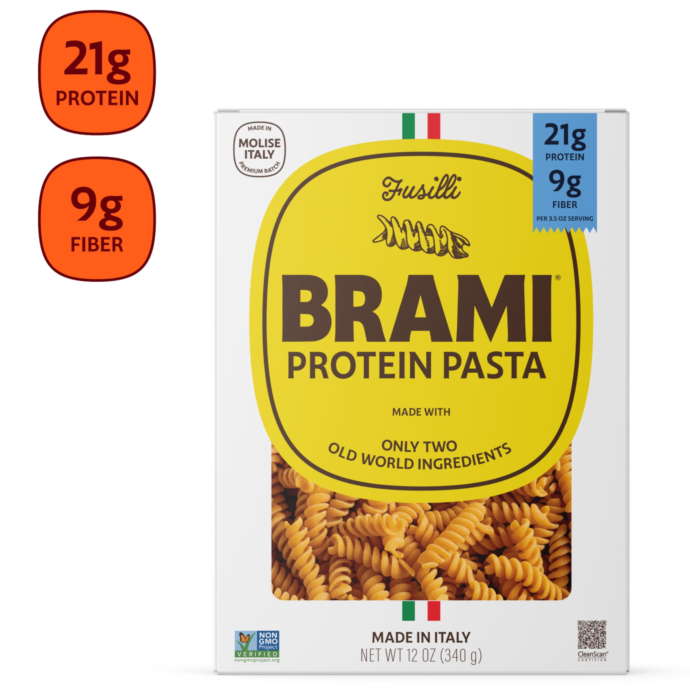 (4 pack) Brami Fusilli High Protein Pasta, 21g Protein, High Fiber, Shelf-Stable Noodles, 12 oz Box