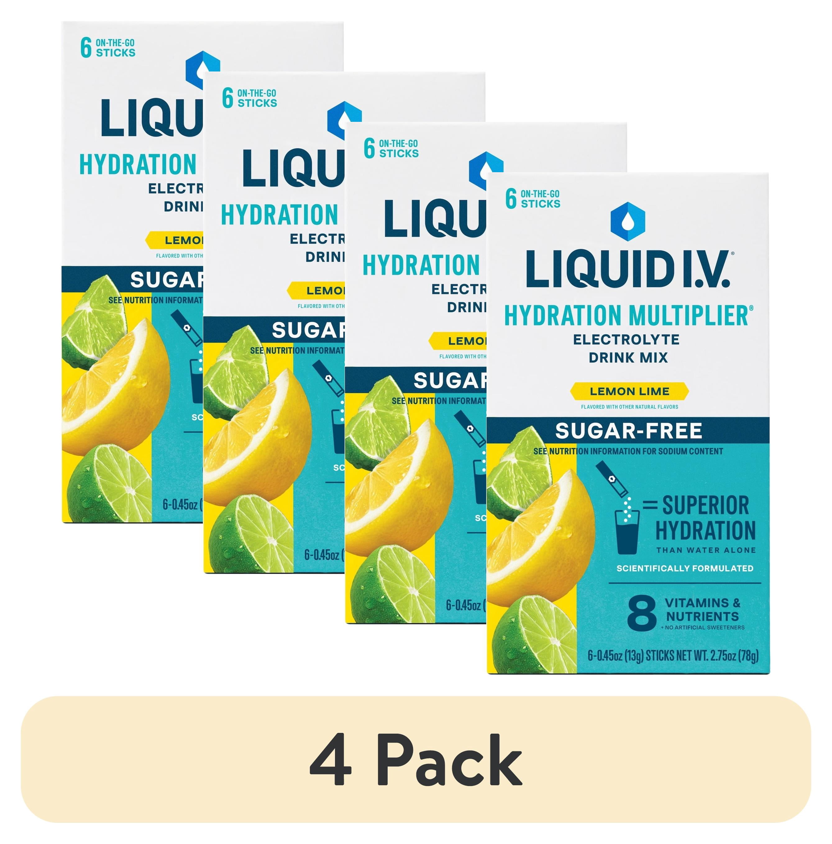 (4 pack) Liquid I.V. Lemon Lime Hydration Multiplier Sugar-Free Electrolyte Powder Drink Mix, 6 Count Packets