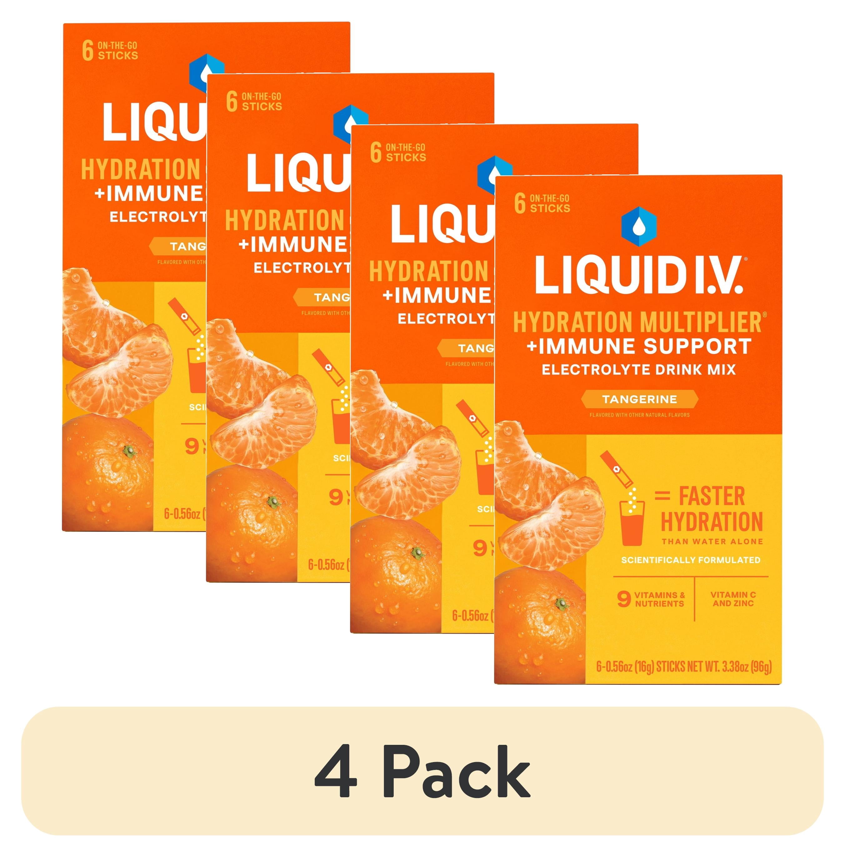 (4 pack) Liquid I.V. Tangerine Hydration Multiplier +Immune Support Powdered Electrolyte Drink Mix, 6 Count Packets