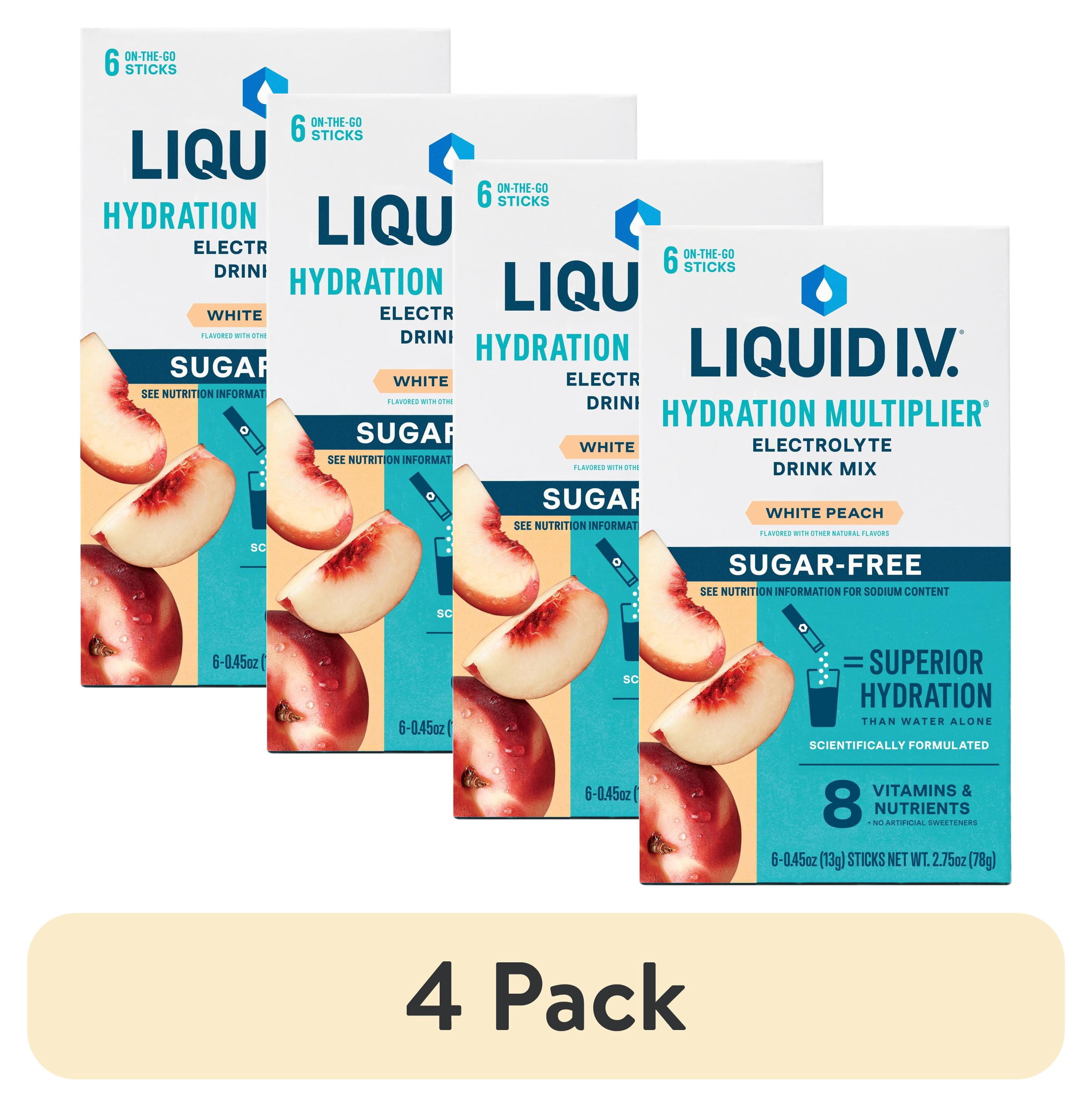 (4 pack) Liquid I.V. White Peach Hydration Multiplier Sugar-Free Powdered Electrolyte Drink Mix, 6 Count Packets