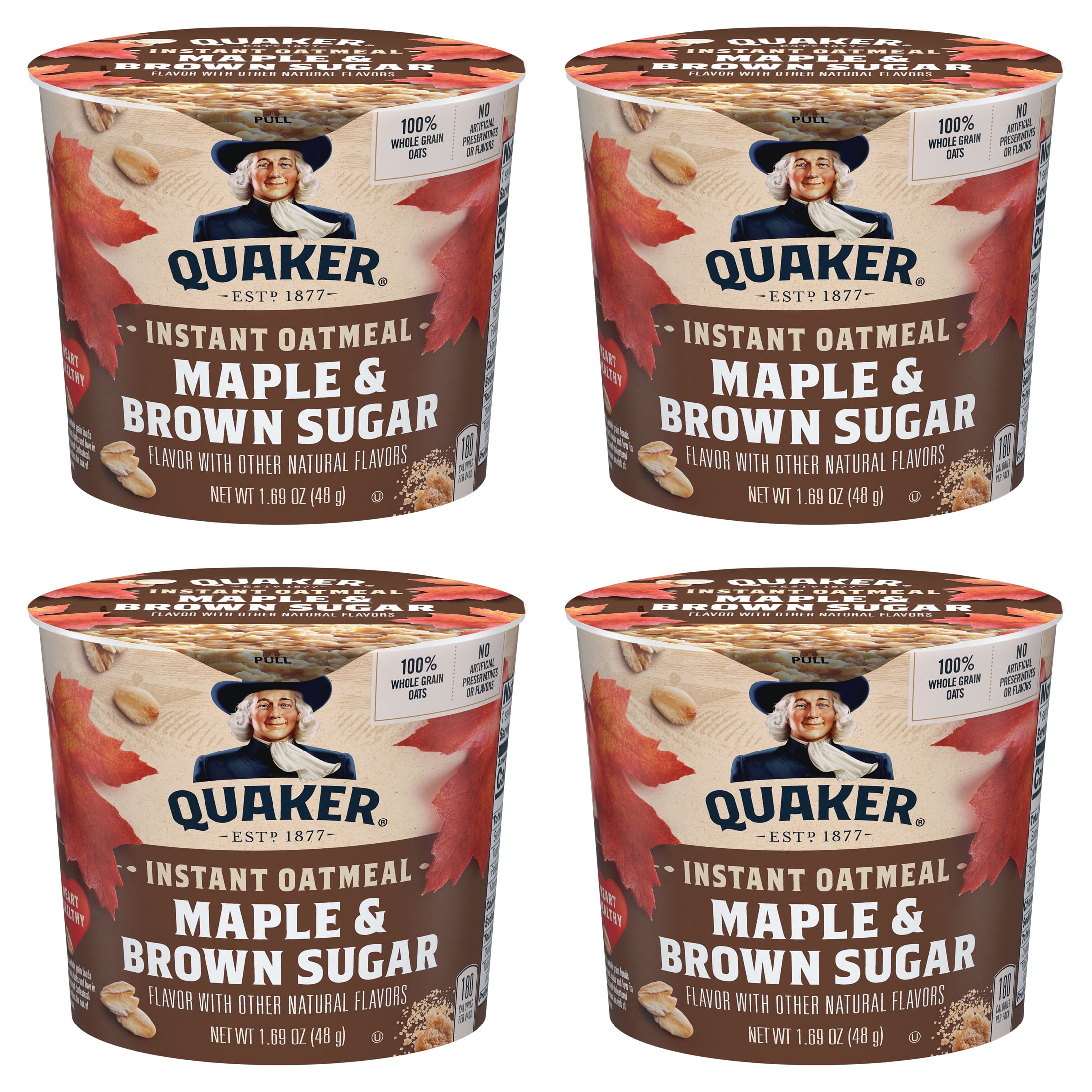(4 pack) Quaker Maple & Brown Sugar Flavored Instant Oatmeal, 1.69 oz Cup, 1 Count