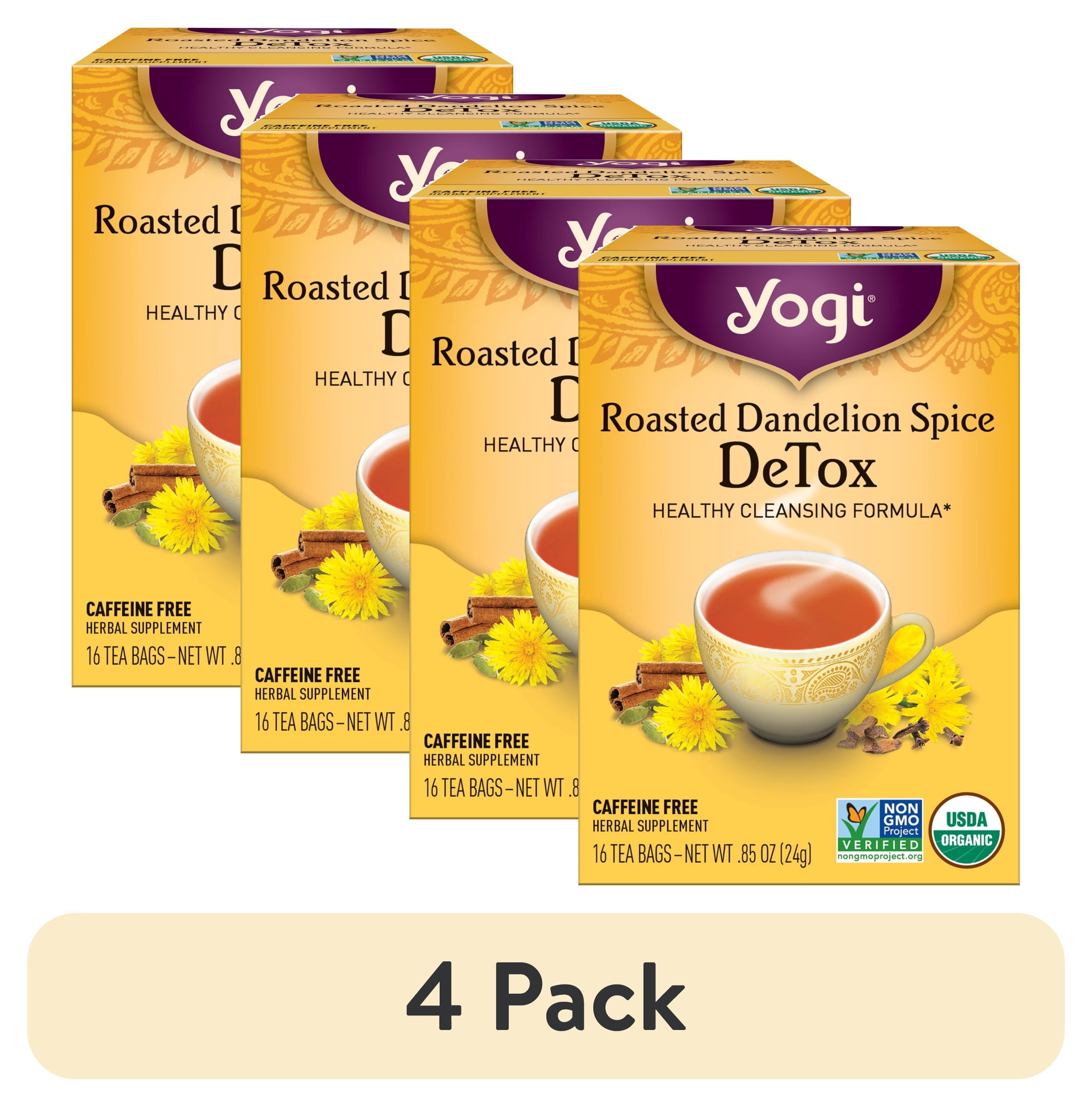 (4 pack) Yogi Roasted Dandelion Spice DeTox, Organic Herbal Wellness Tea Bags, 16 Count