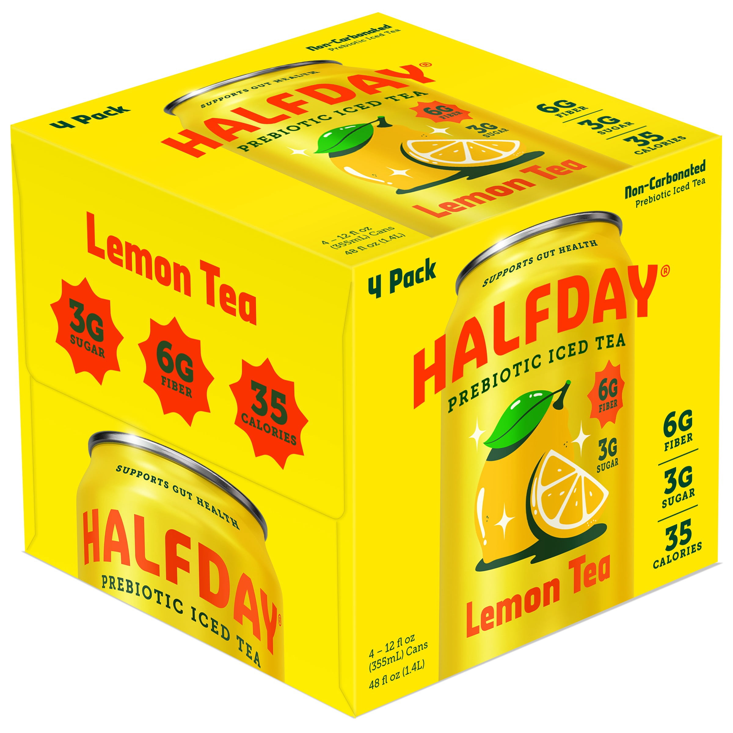 Halfday Prebiotic Lemon Iced Tea, 6g Fiber, Real Brewed Black Tea, Caffeinated, 12 fl oz, 4 Pack