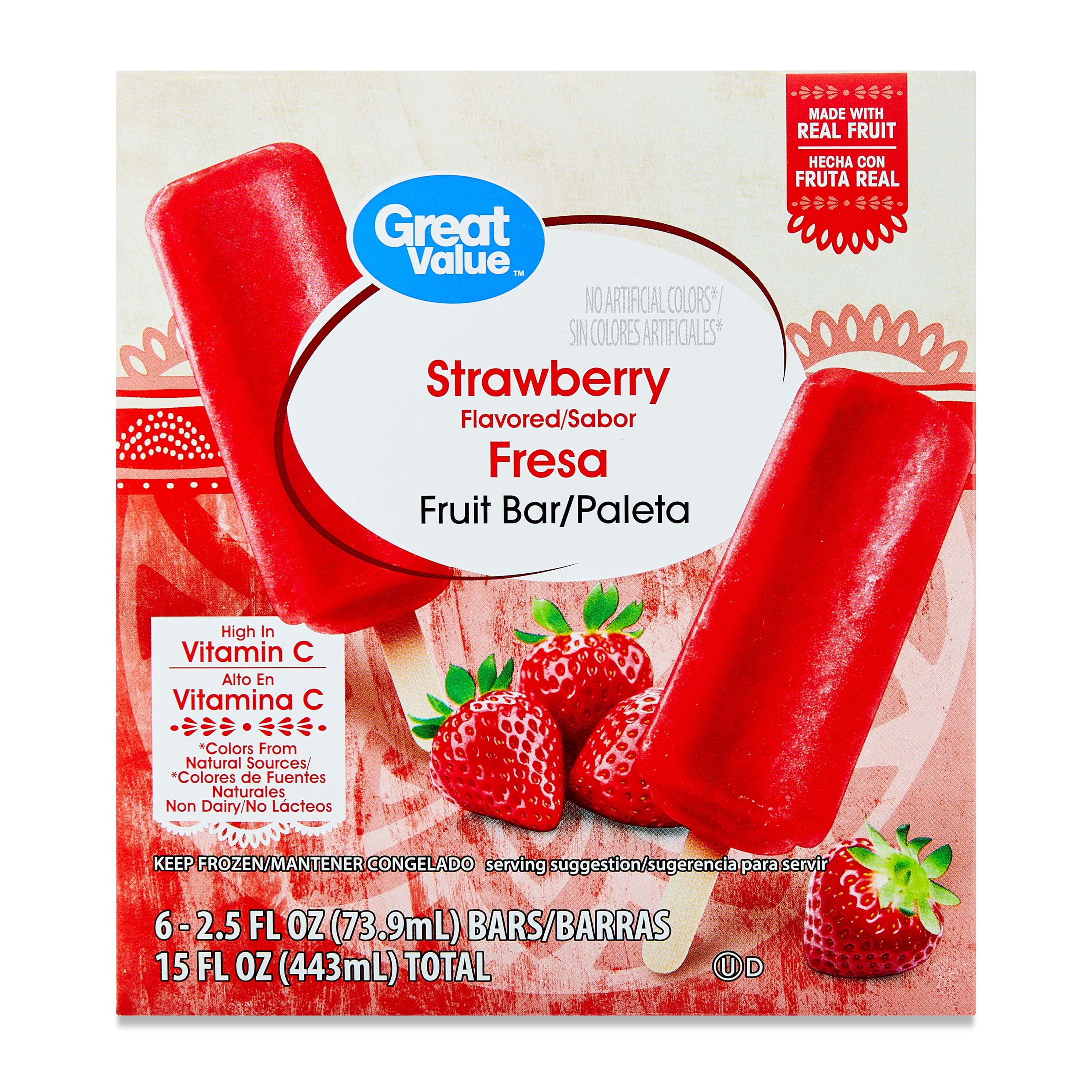 Great Value Strawberry Fruit Bars, 15 fl oz, 6 Pack (Frozen)