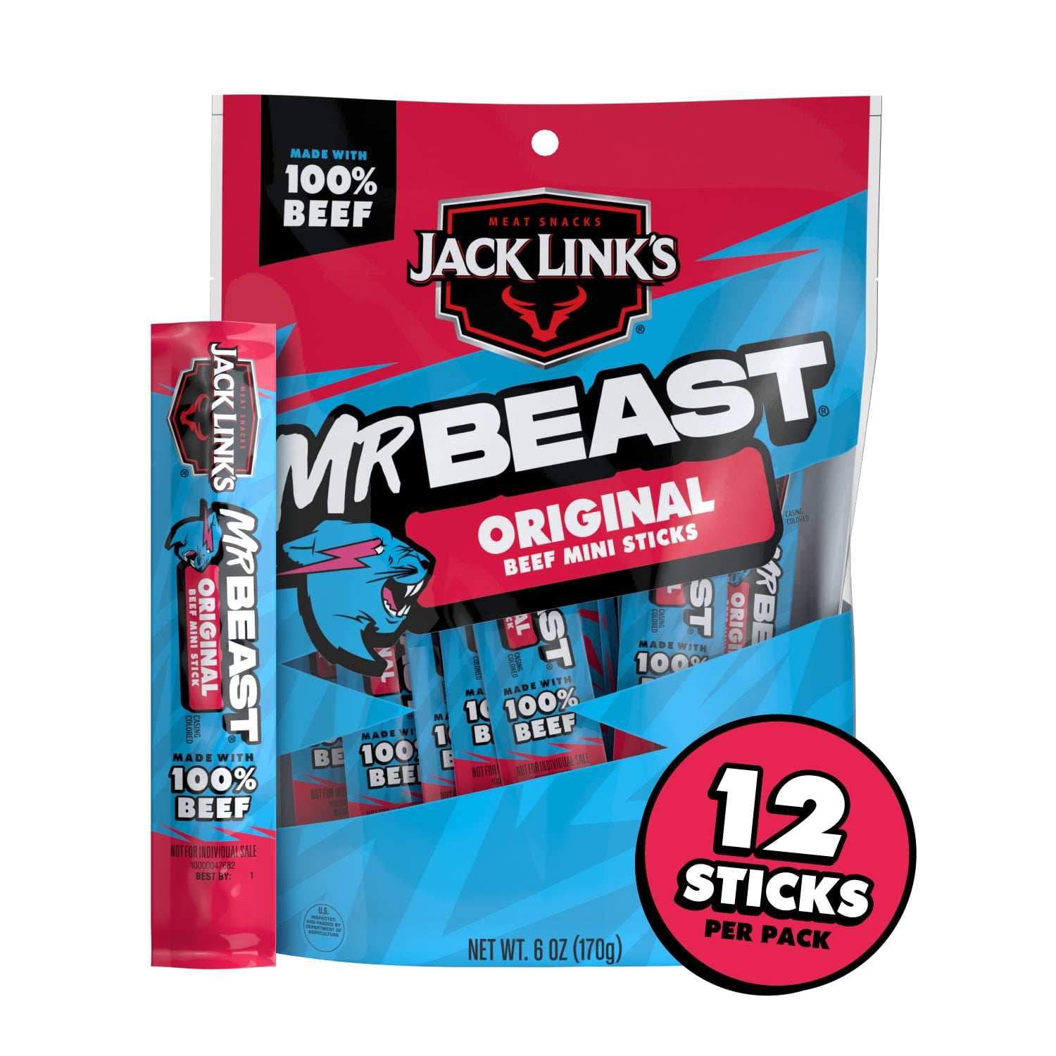 Jack Links x MrBeast Original Mini Beef Sticks, 6 Ounce bag, 12 count of .5 Ounce meat sticks