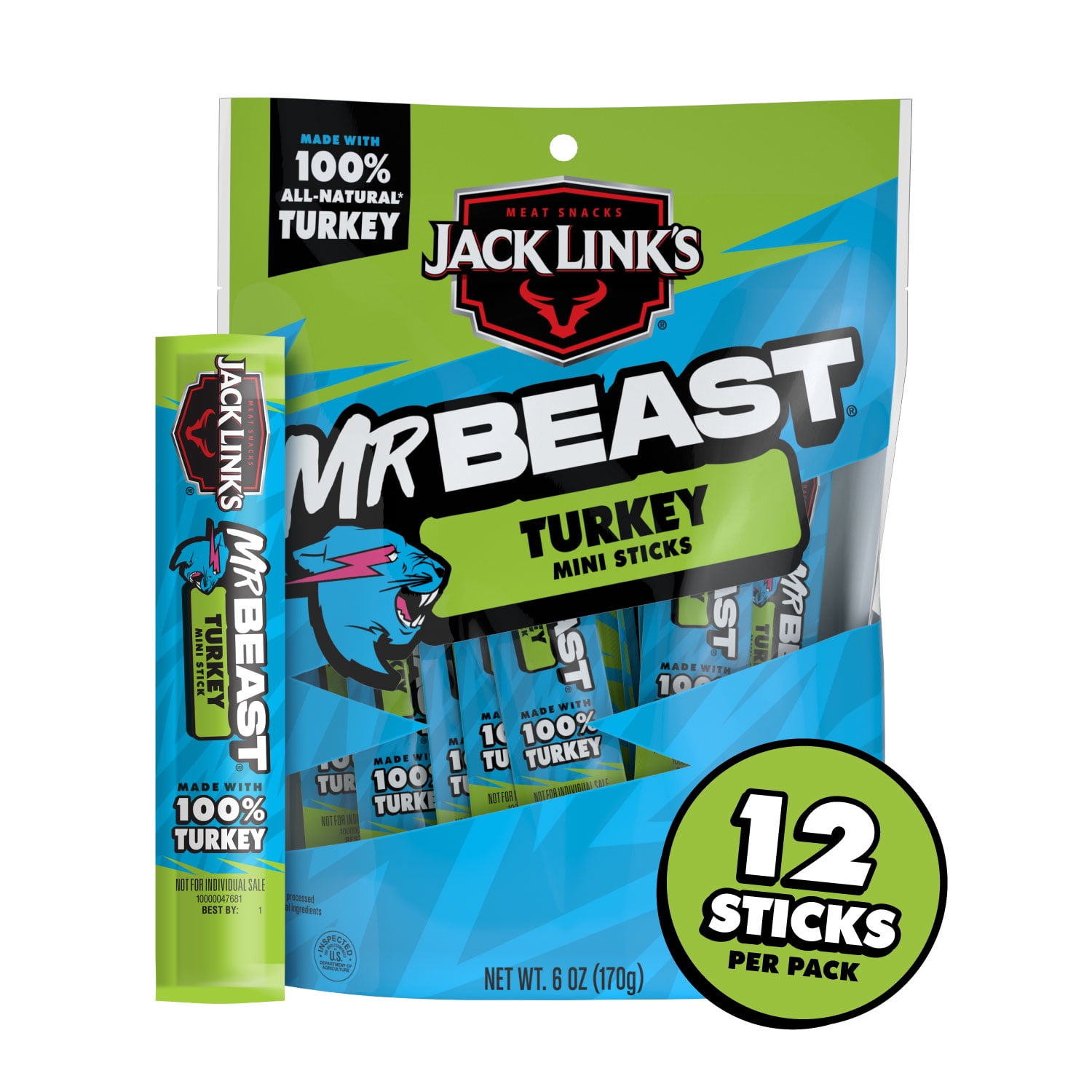 Jack Links x MrBeast Savory Herb Turkey Meat Sticks, 6 Ounce bag, 12 count of .5 Ounce Mini sticks