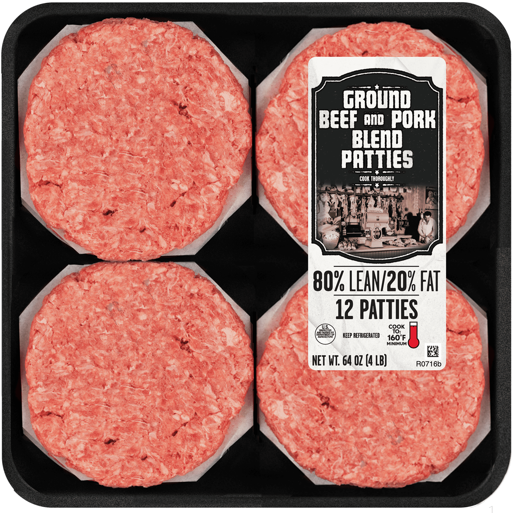 80% Lean/20% Fat Fresh All Natural Beef & Pork Blend Patties, 12 Count, 1/3 lb Each, 4 lb Tray