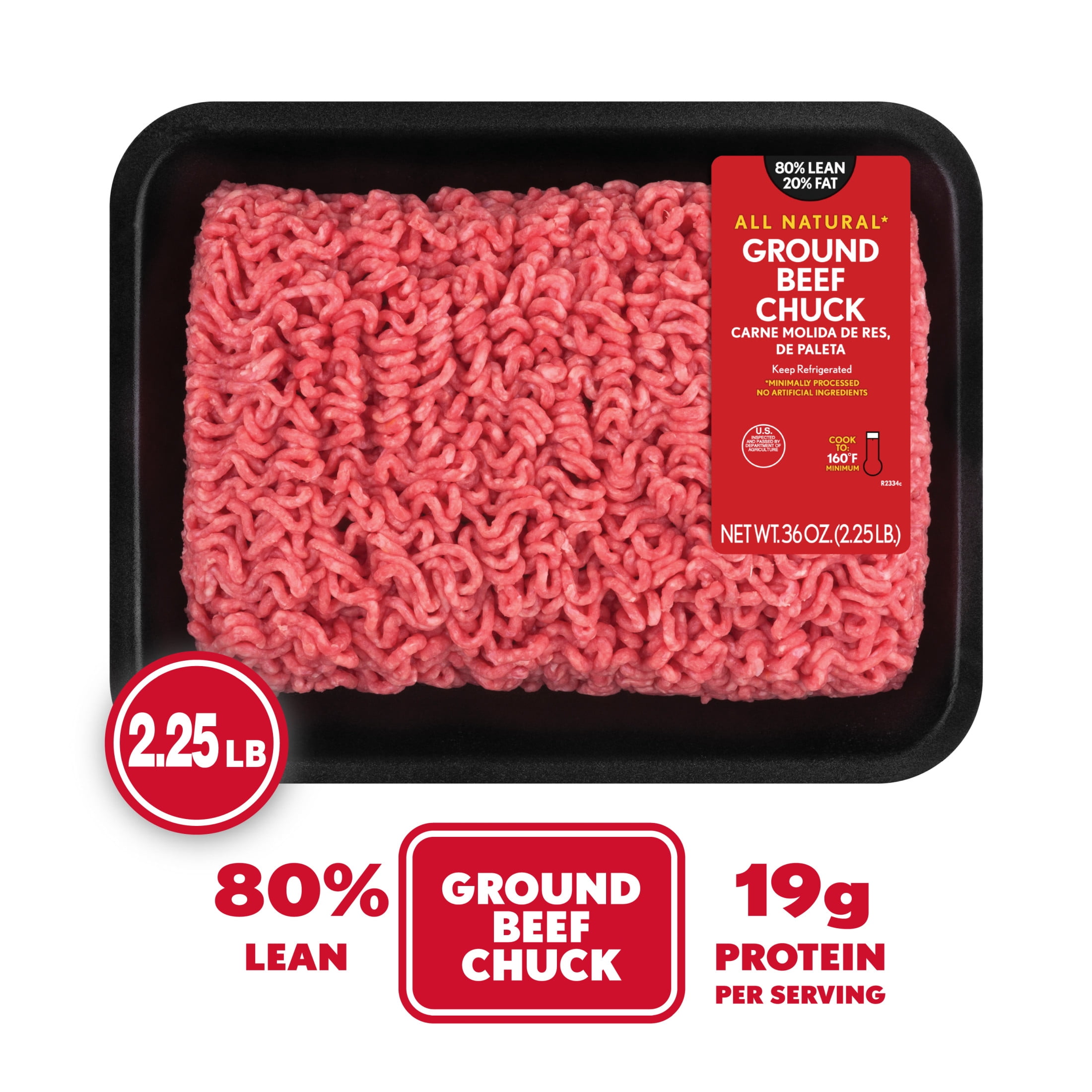 All Natural* 80% Lean/20% Fat Ground Beef Chuck, 2.25 lb Tray