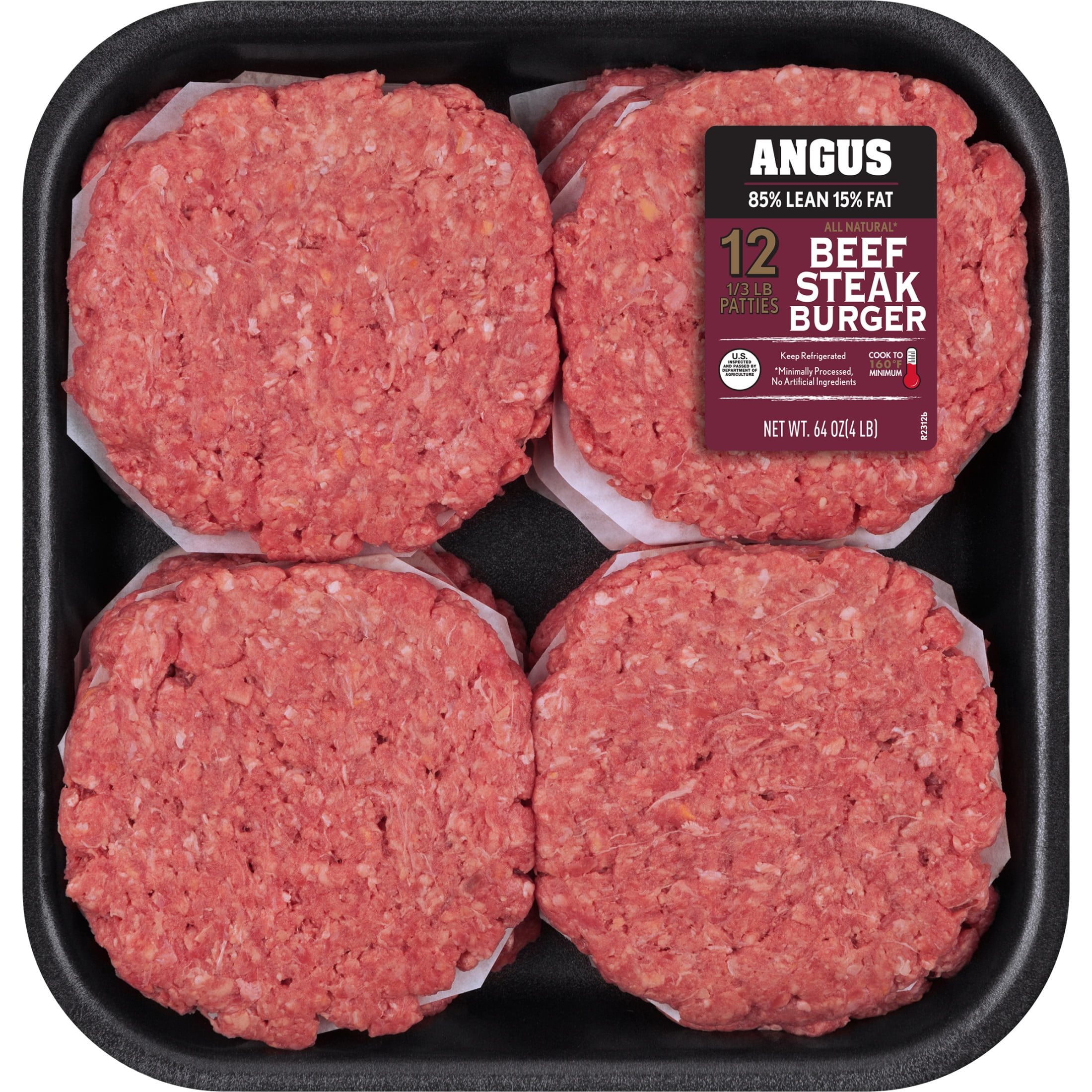 85% Lean / 15% Fat Angus Ground Beef Steak Burgers, 12 Count, 4 lb Tray, Fresh, All Natural*