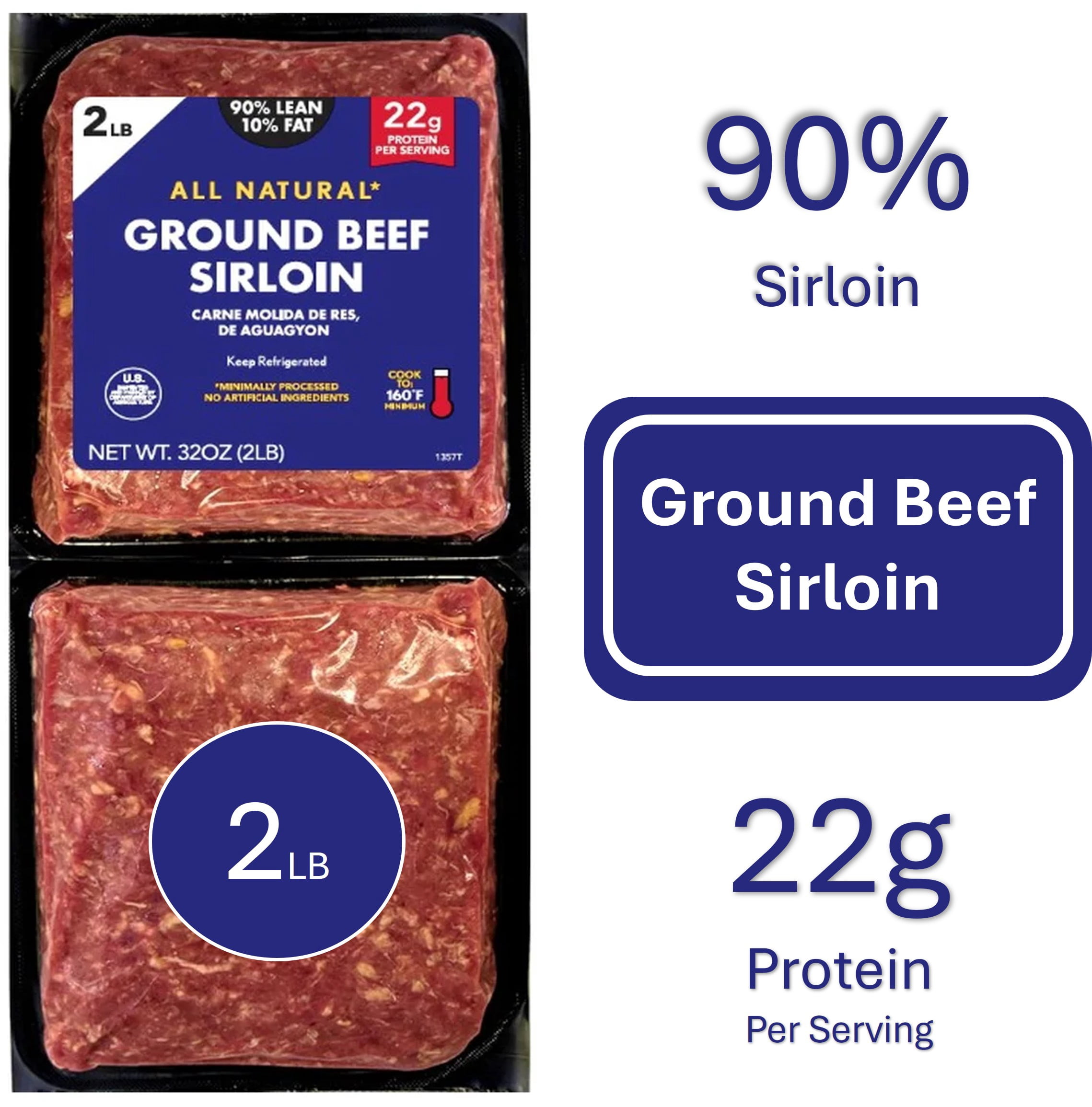 Fresh 90% Lean 10% Fat Sirloin Ground Beef, 2 lb Brick, Grass-Fed, No Antibiotics