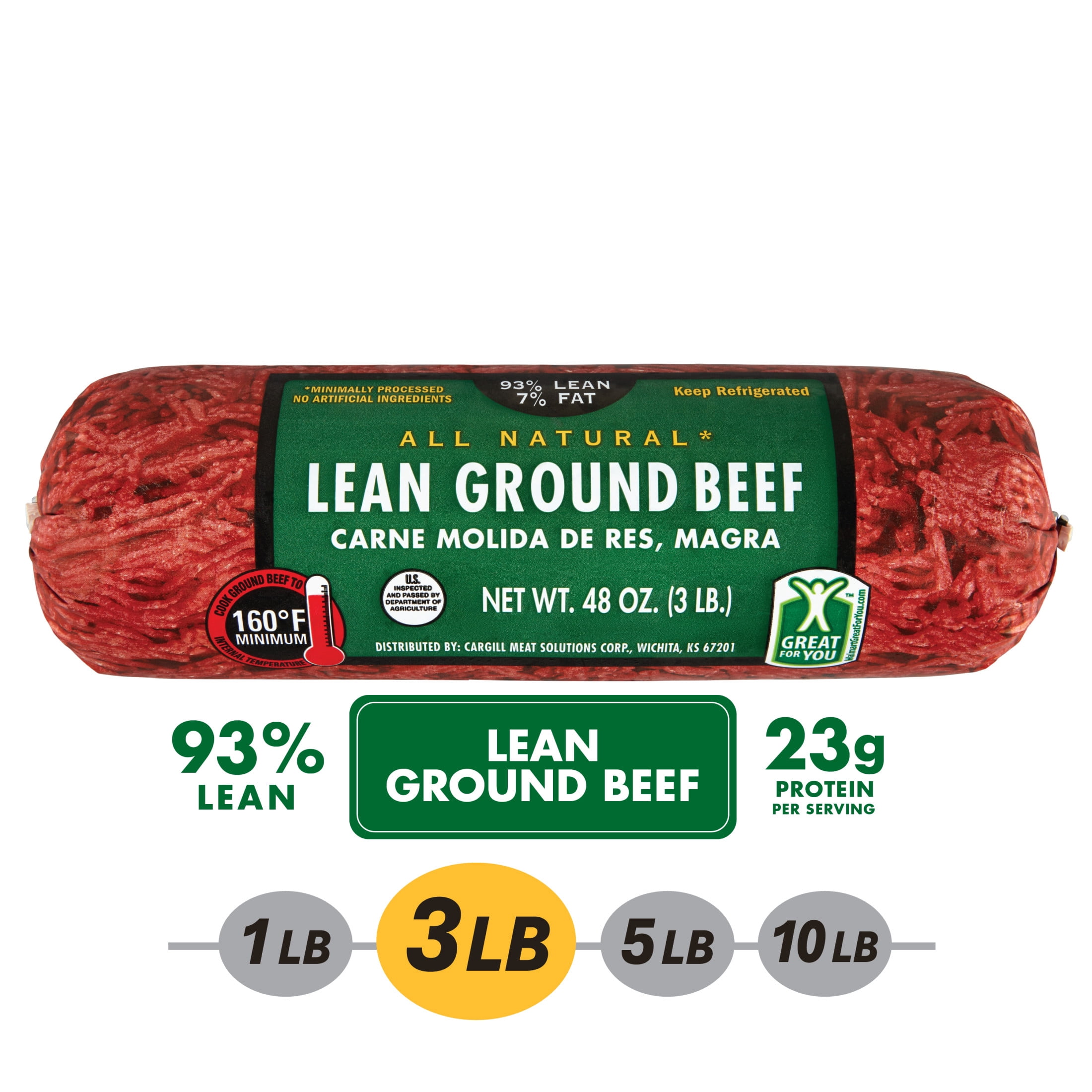 93% Lean / 7% Fat Lean Ground Beef, 3 lb Roll, Fresh, All Natural*