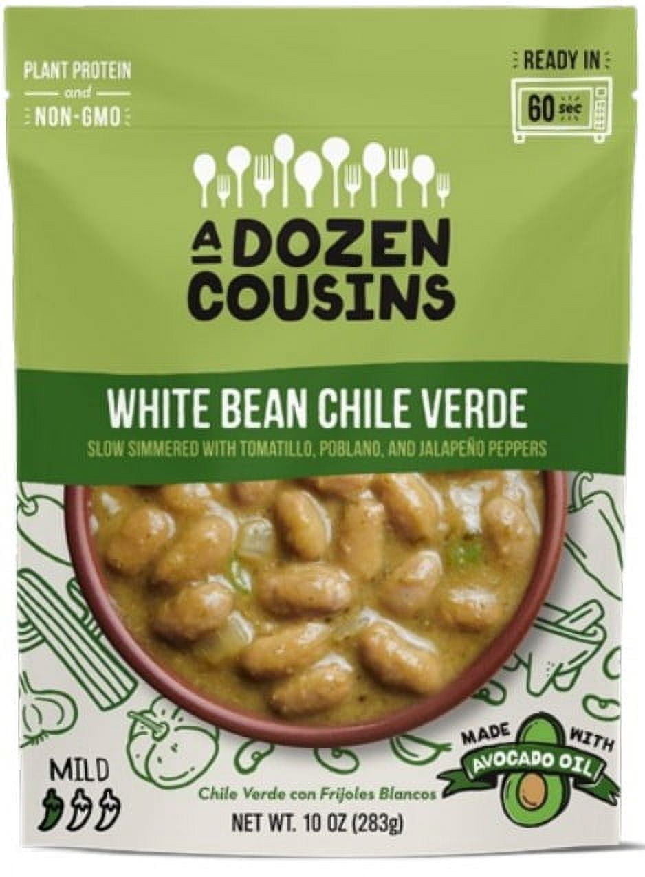 A Dozen Cousins White Bean Chili, Vegan Gluten-Free Microwaveable Plant-Based Meal with Avocado Oil, 10 oz Pouch