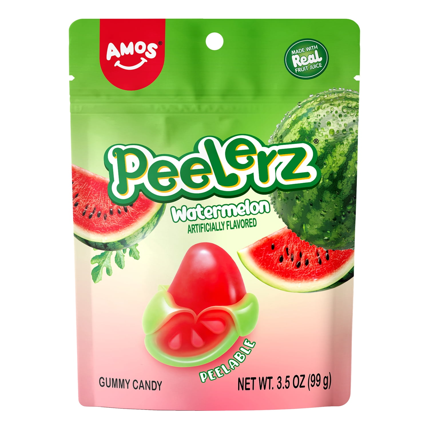 AMOS Peelerz Watermelon Peelable Gummy Candy, Chewy Candy Bag, Great for Halloween Candy Bags, 3.5 oz