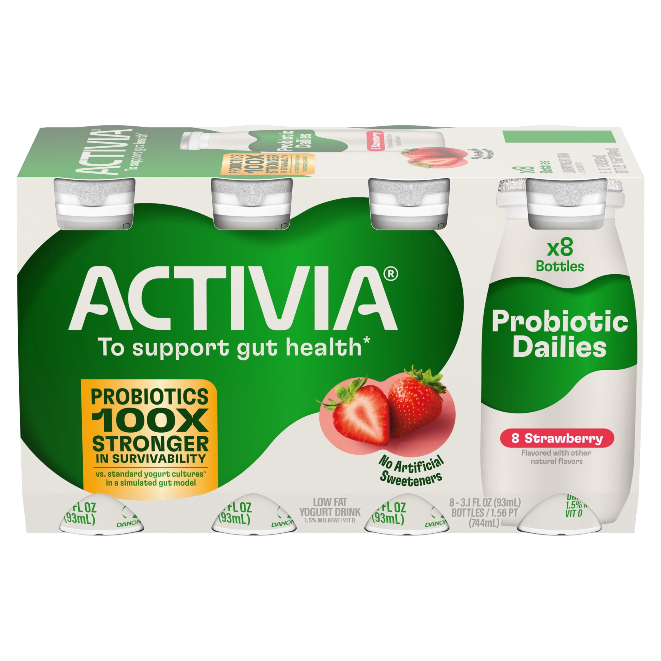 Activia Probiotic Dailies Strawberry Low Fat Probiotic Yogurt Drinks, Helps Support Gut Health, 3.1 fl oz, 8 Count