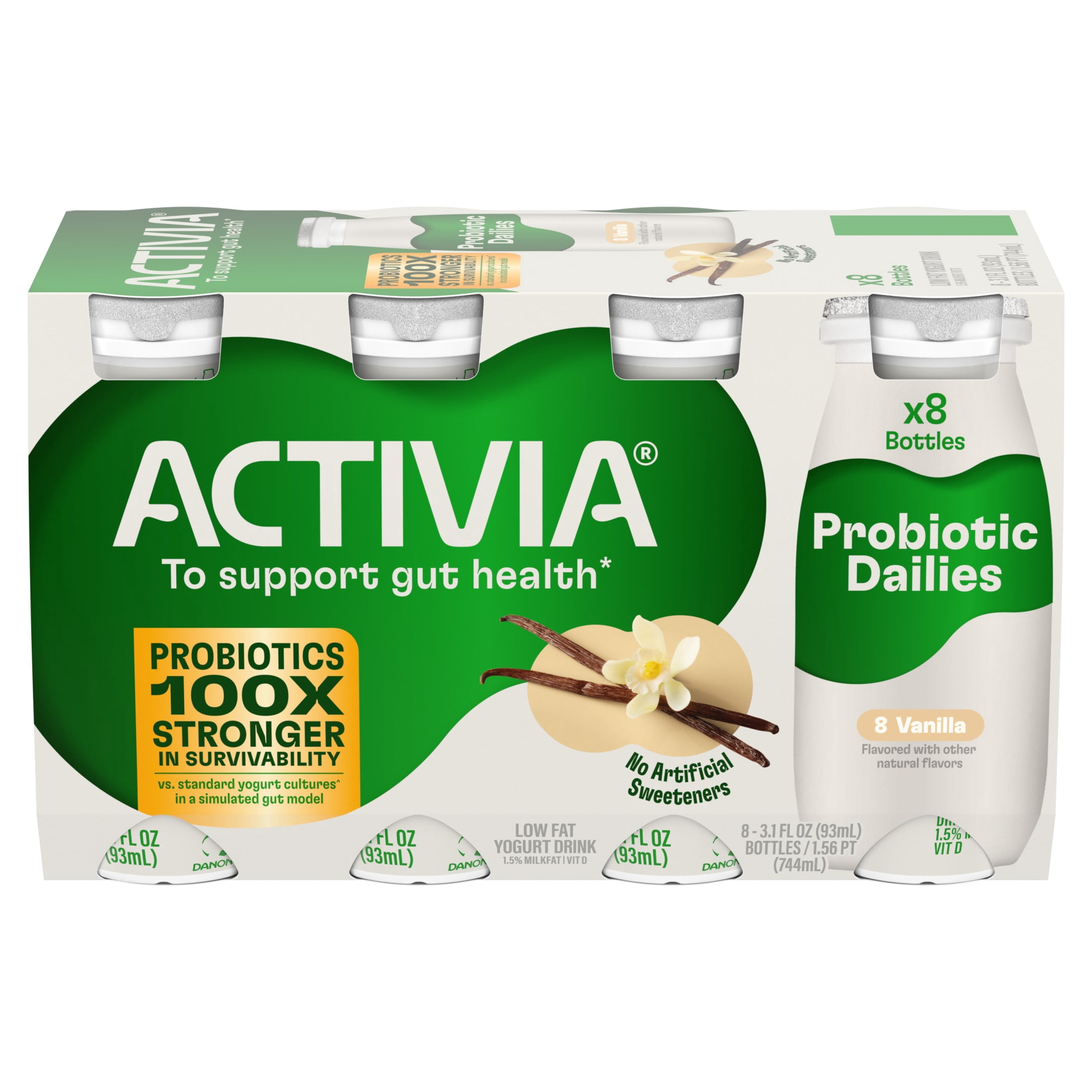 Activia Probiotic Dailies Vanilla Low Fat Probiotic Yogurt Drinks, Helps Support Gut Health, 3.1 fl oz, 8 Count