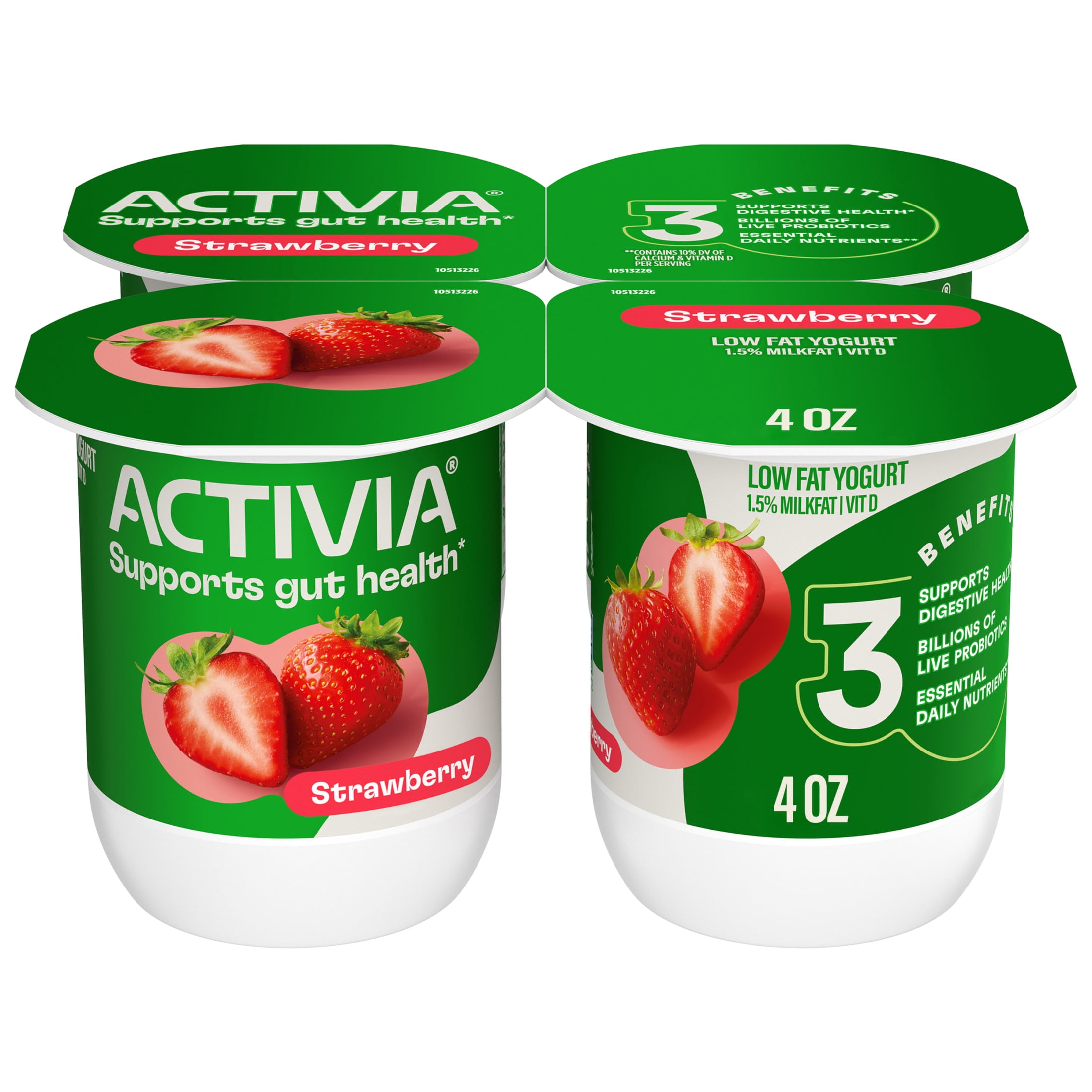 Activia Strawberry Low Fat Probiotic Yogurt Cups, Helps Support Gut Health, 4 oz, 4 Count