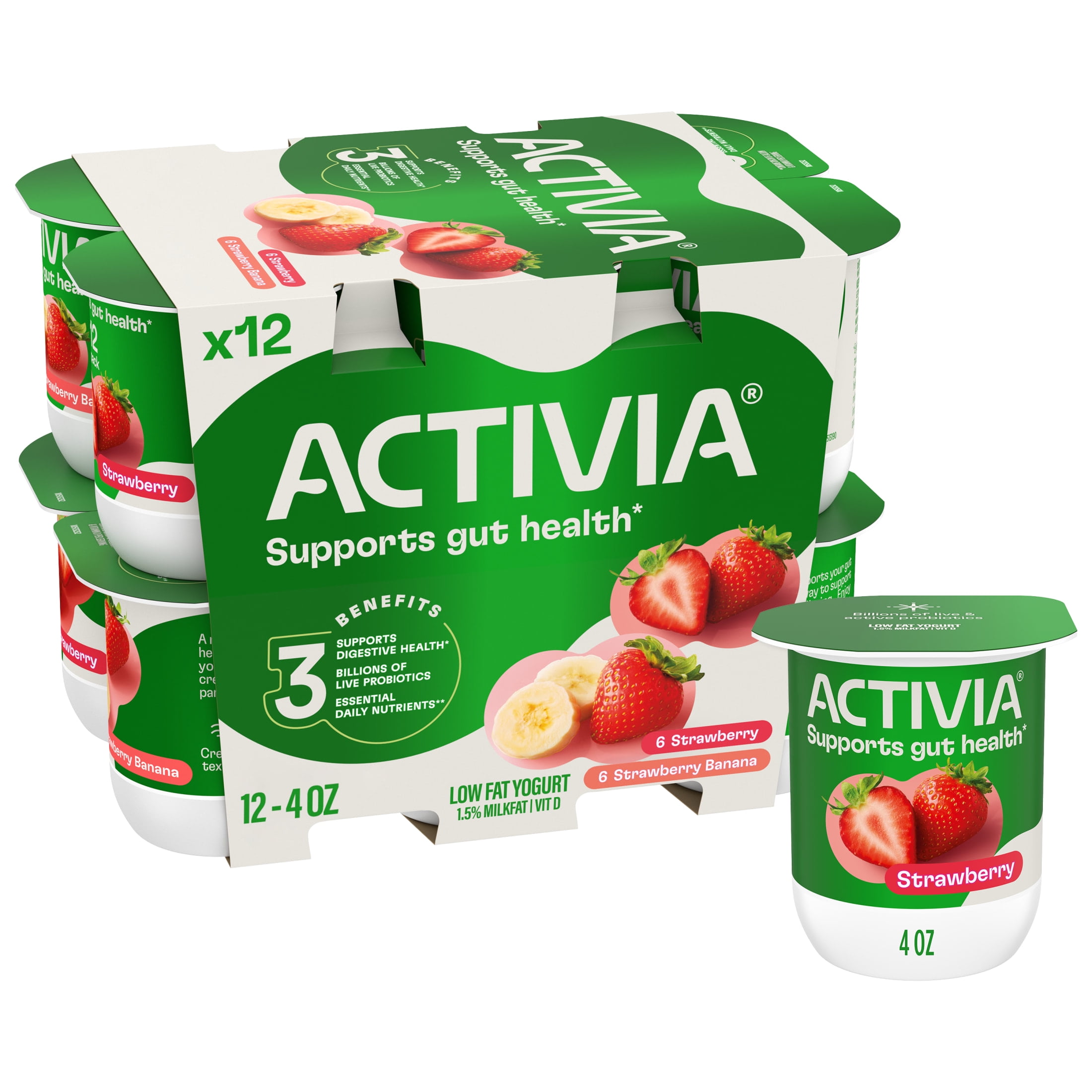 Activia Strawberry and Strawberry Banana Low Fat Probiotic Yogurt Cups Variety Pack, Helps Support Gut Health, 4 oz, 12 Count