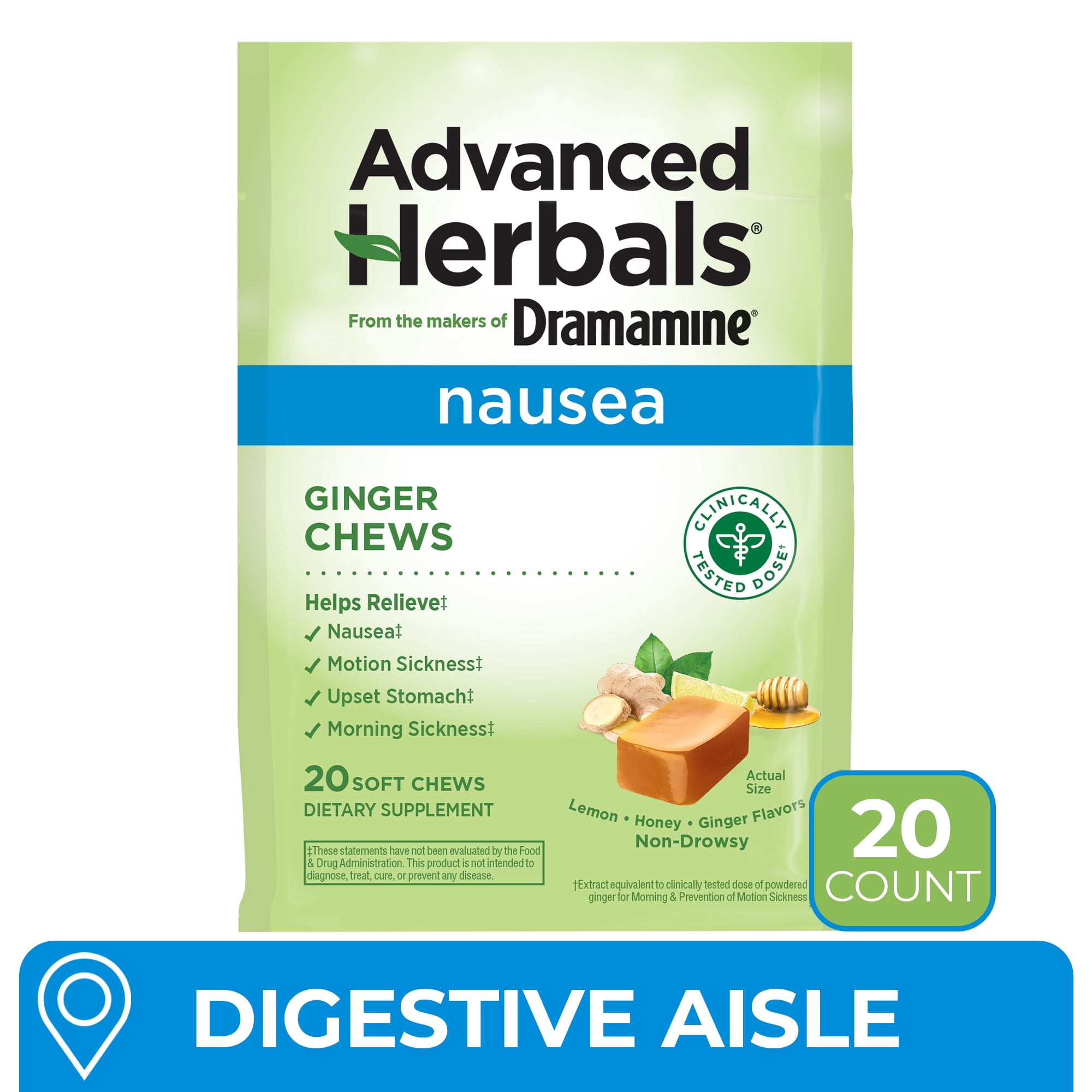 Advanced Herbals by Dramamine, Ginger Chews, Nausea Relief Soft Chews Lemon-Honey-Ginger, 20 Ct