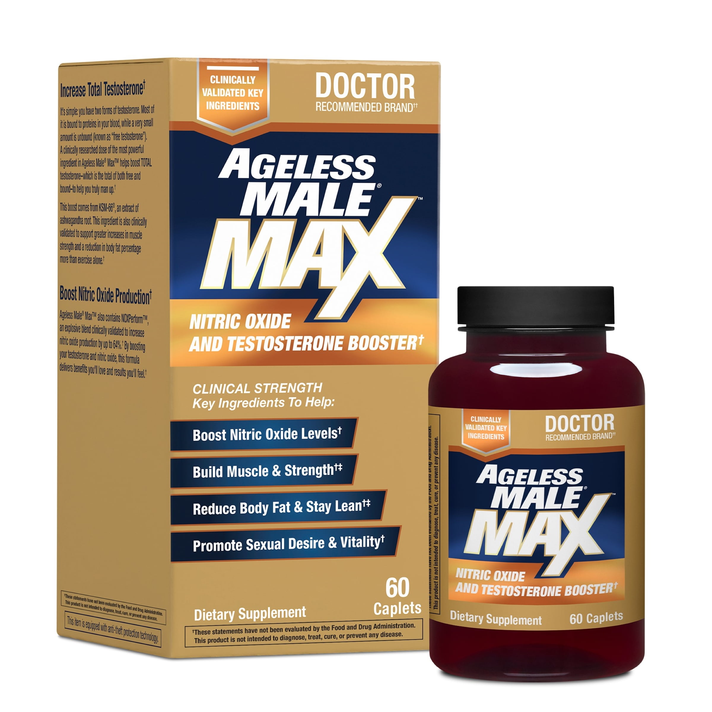Ageless Male Max Total Testosterone and Nitric Oxide Booster for Men with Ashwagandha, 60 Capsules