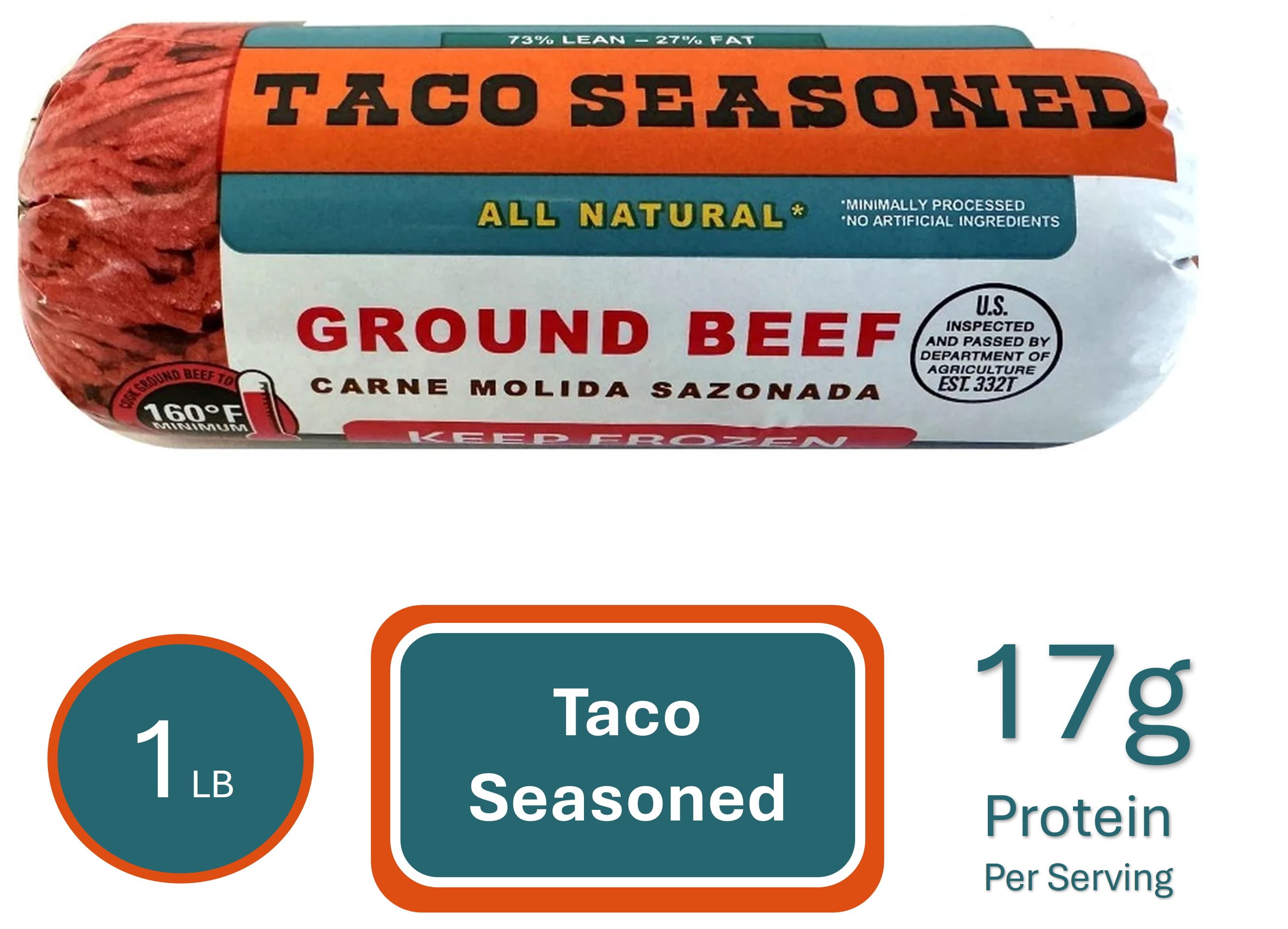 All Natural 73% Lean/27% Fat Frozen Taco Seasoned Ground Beef Roll, 1 lb, USDA Inspected