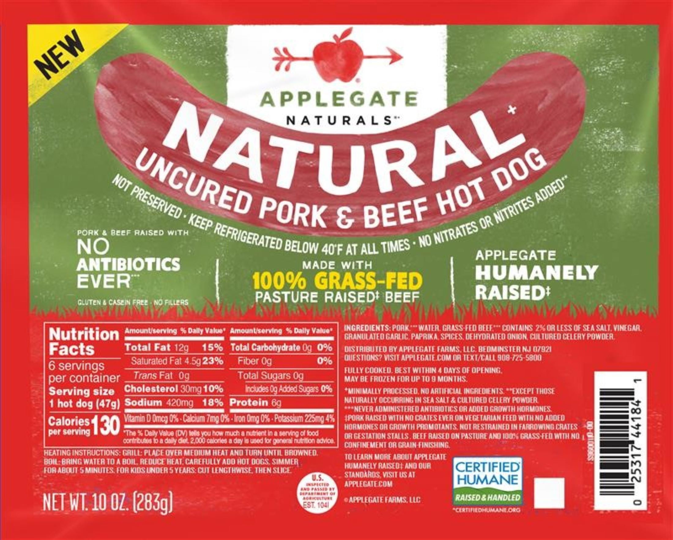 Applegate Antibiotic Free Pork & Beef Hot Dog, 130 Cals, 10oz (Refrigerated)