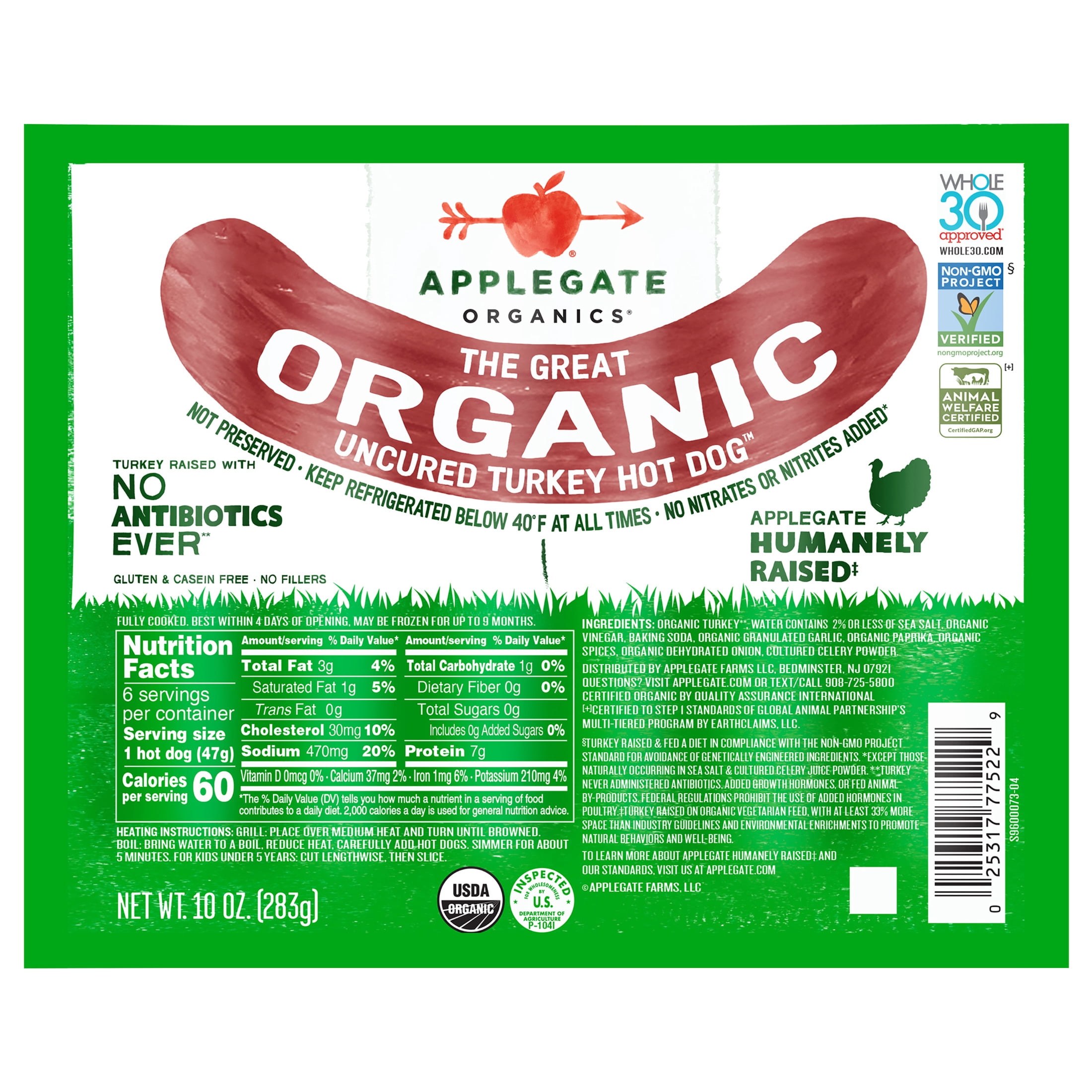 Applegate The Great Organic Uncured Turkey Hot Dog, 10oz