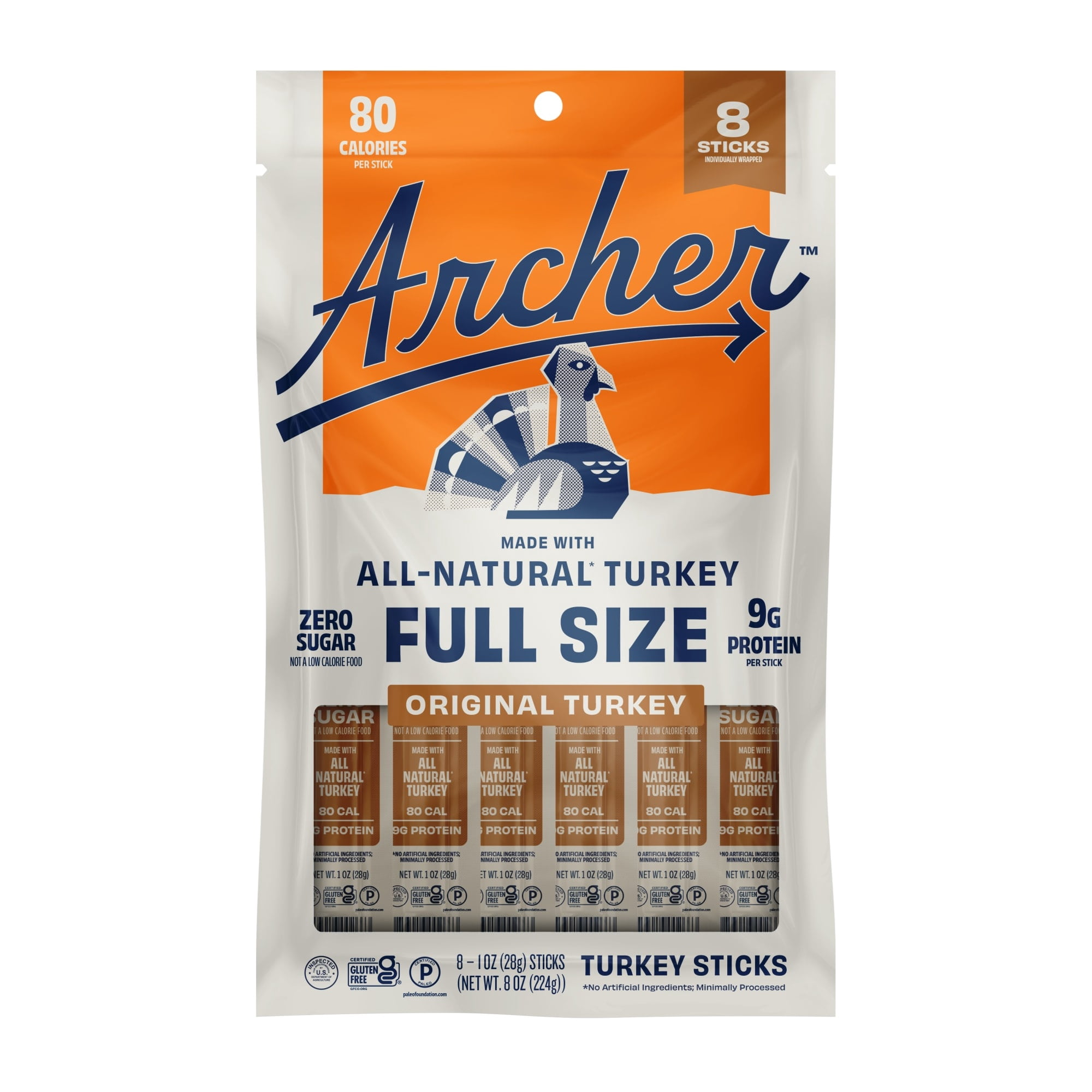 Archer Original Turkey Jerky Sticks, 9g Protein, All-Natural Turkey, Zero Sugar, 1 oz, 8 Count