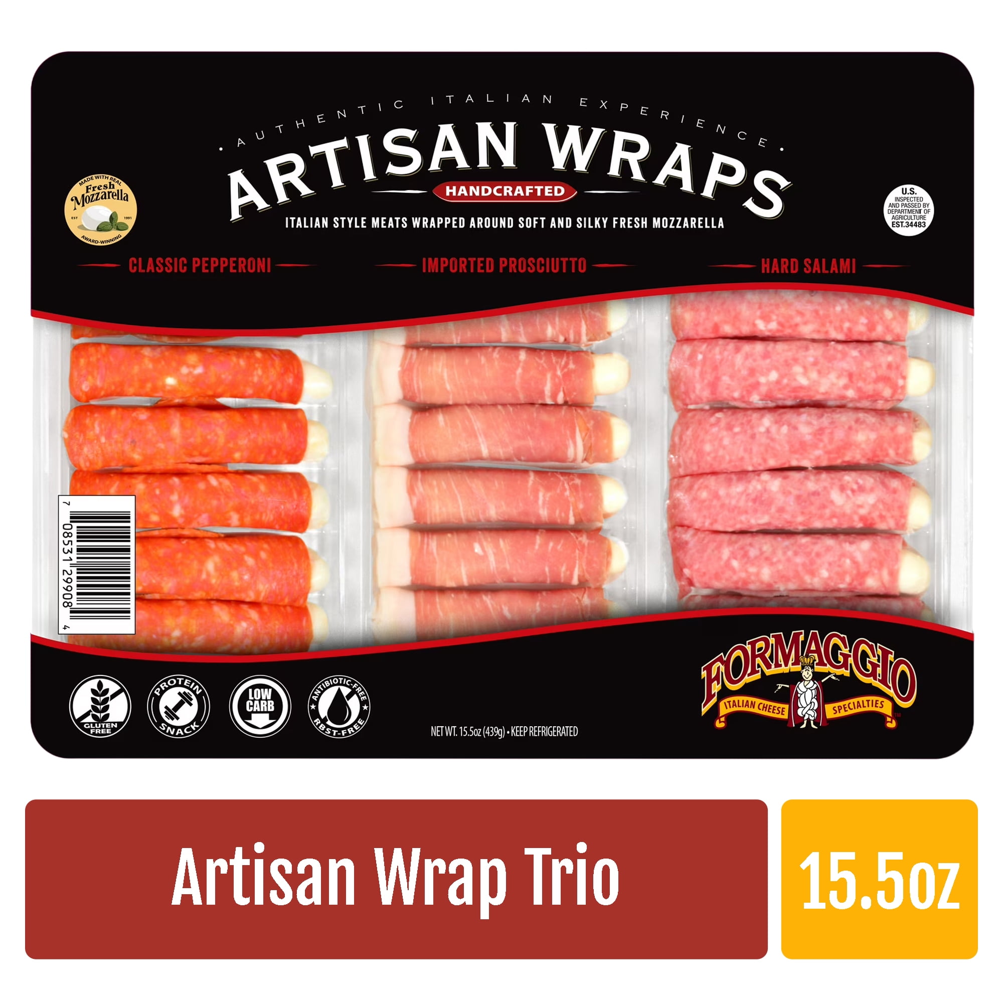 Formaggio Handcrafted Meat and Cheese Artisan Wraps, Pepperoni, Prosciutto and Hard Salami, Variety Pack, 21 Count