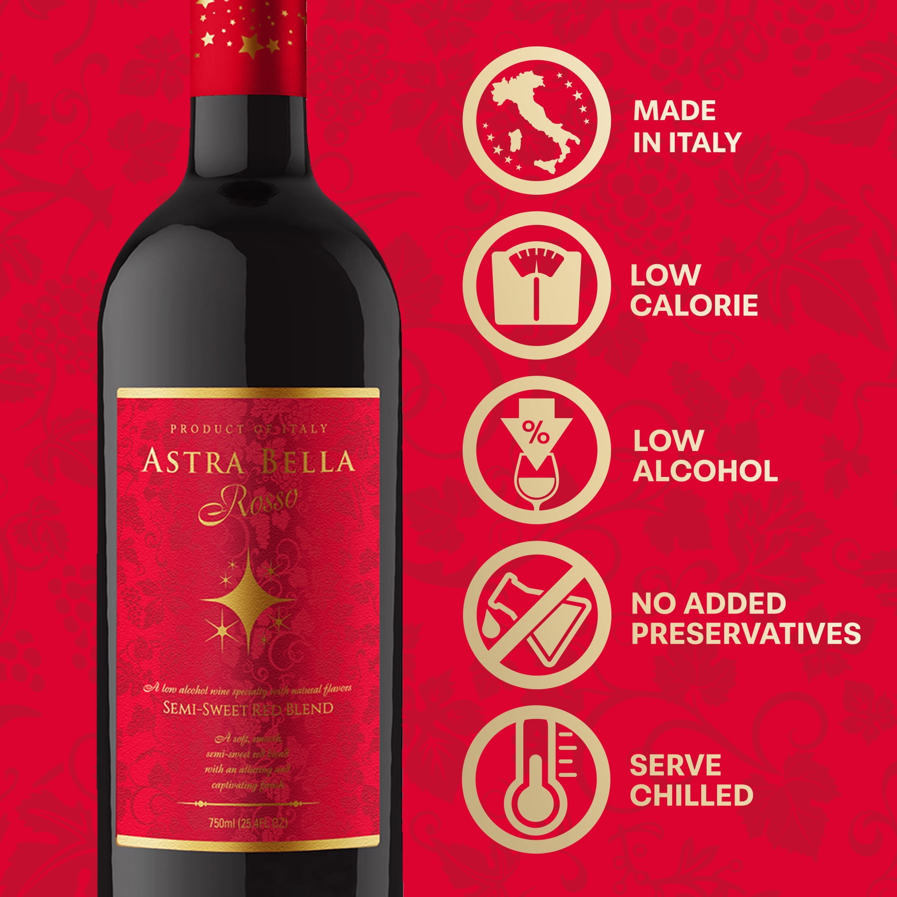 Astra Bella Rosso Semi-Sweet, Italian Red Blend 750ml Glass Bottle, 5.5% ABV