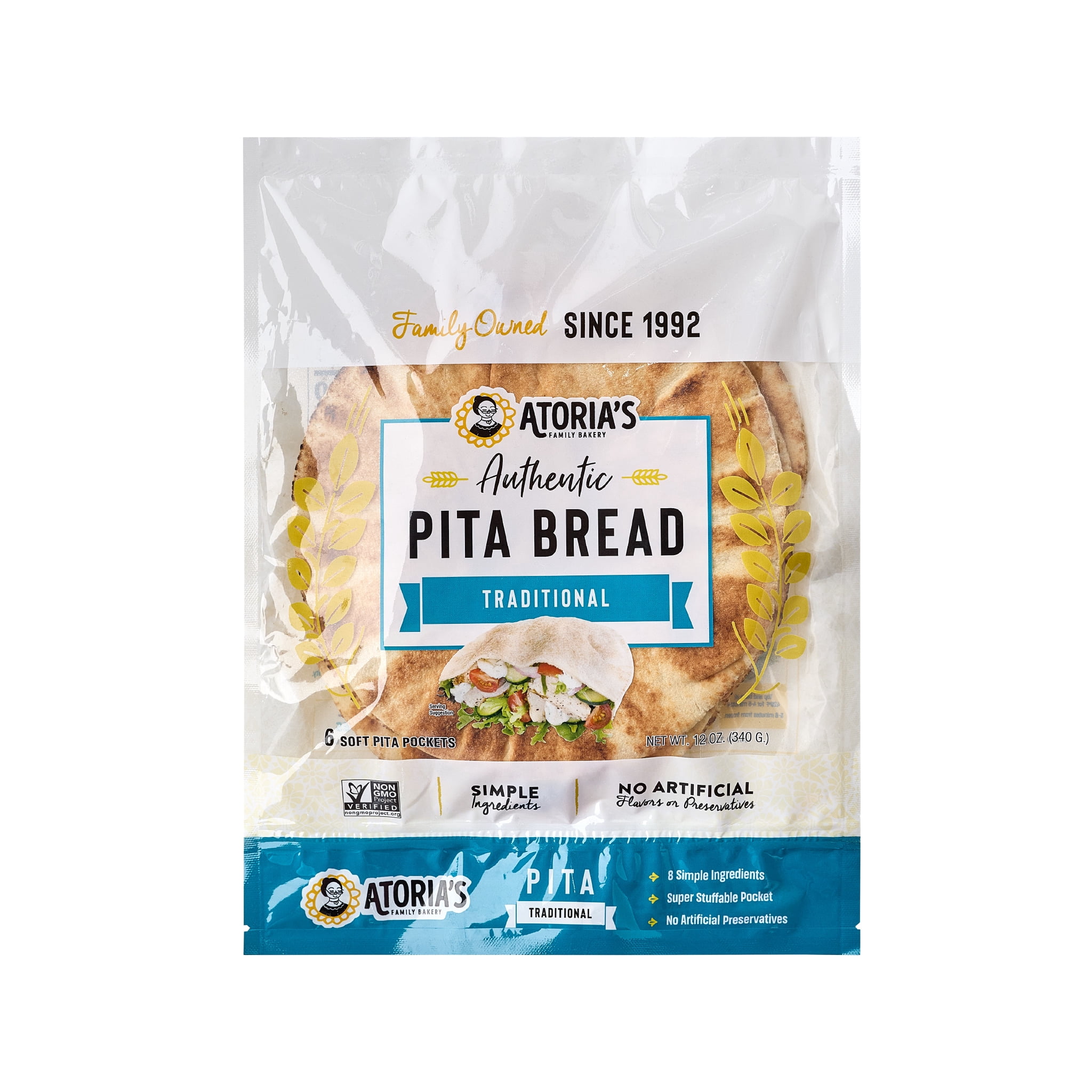 Atoria's Traditional Pita, 7in Round Pocketed / Non GMO / 12oz / No Artificial Colors, Flavors or Preservatives